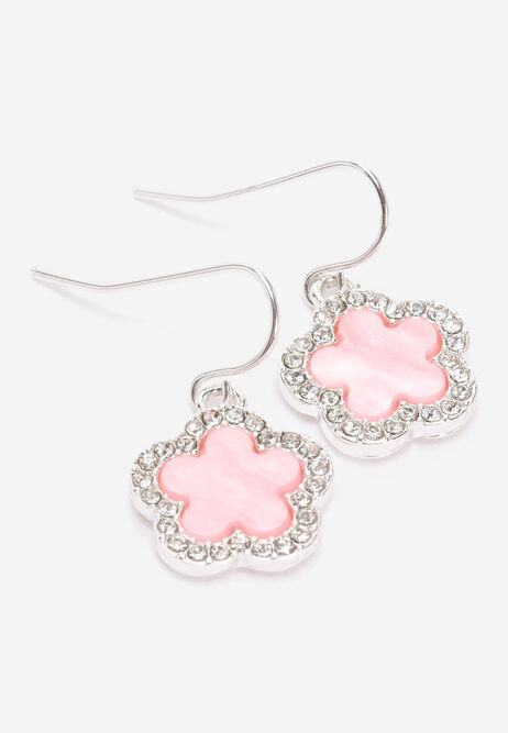 Womens Silver & Pink Pave Flower Earrings