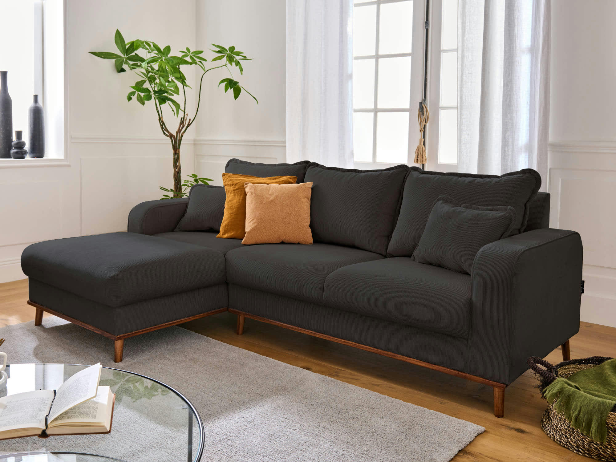 BILLIE - Canapé d'angle gauche 4 places en velours côtelé gris foncé