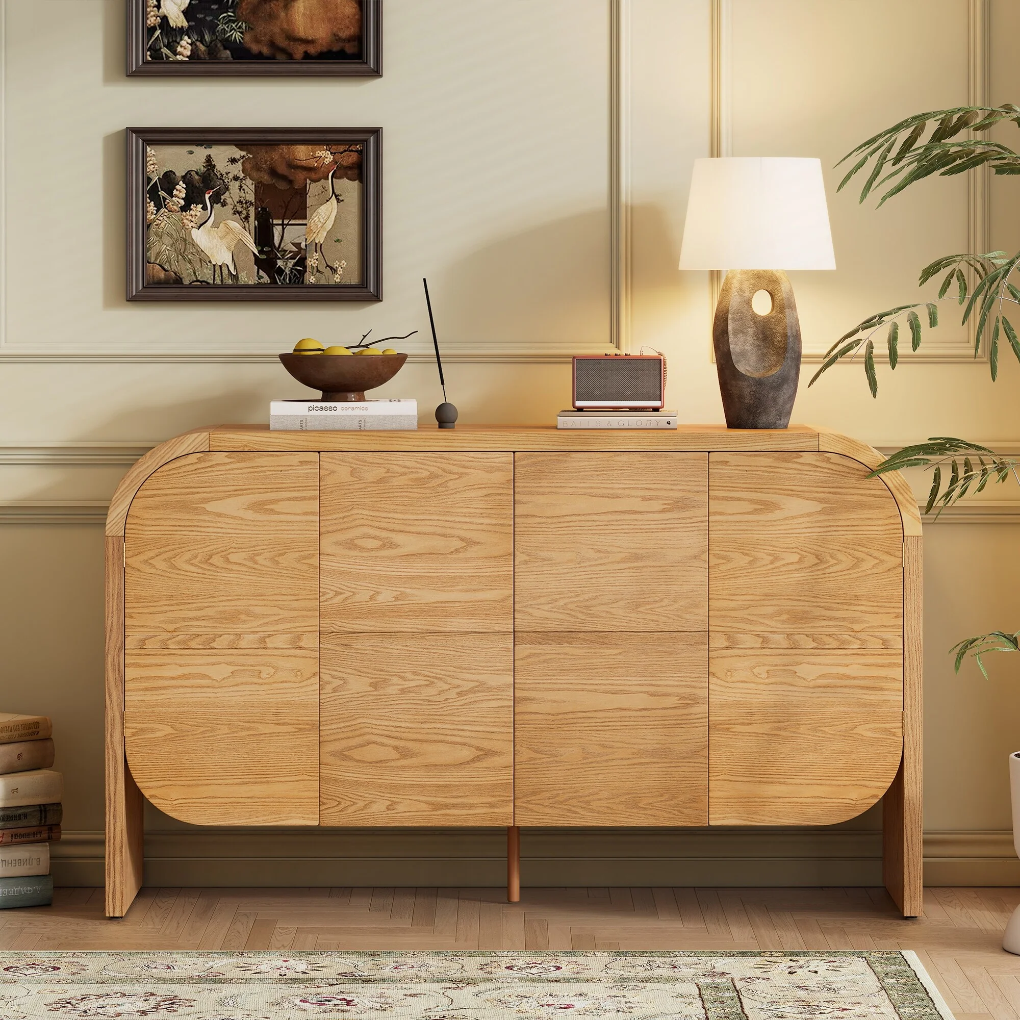 4 Doors Wood Sideboard Credenza Cabinet with Curvy Edge & Adjustable Shelves
