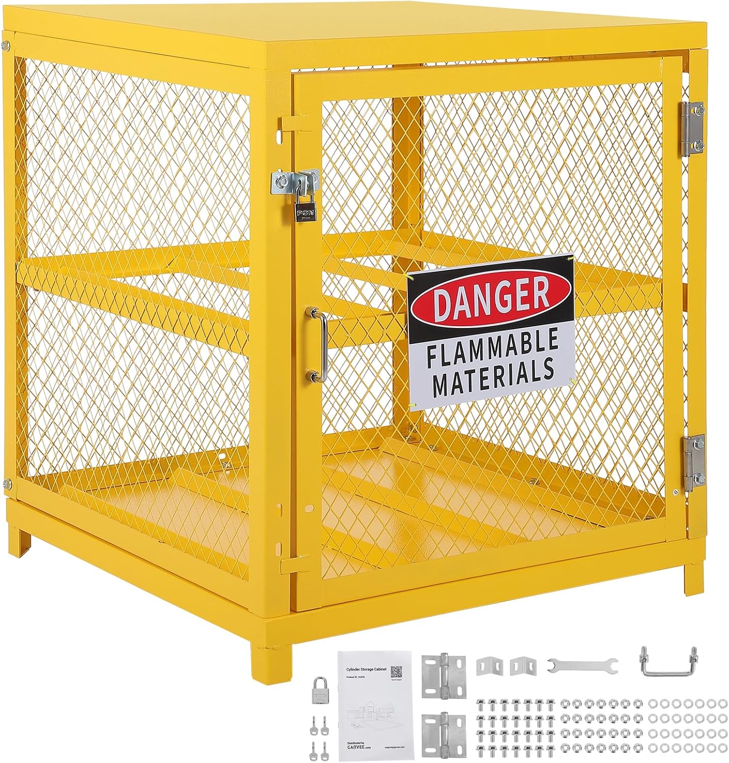 Garvee Horizontal Storage Cabinet Lockable Heavy-Duty for 4 Propane Cylinders 31x30x35 Inch OSHA-Compliant Gas Tank Cage w/Anti-Slip Guardrails, Yellow Powder Coated Steel, 2-Tier Workshop Storage