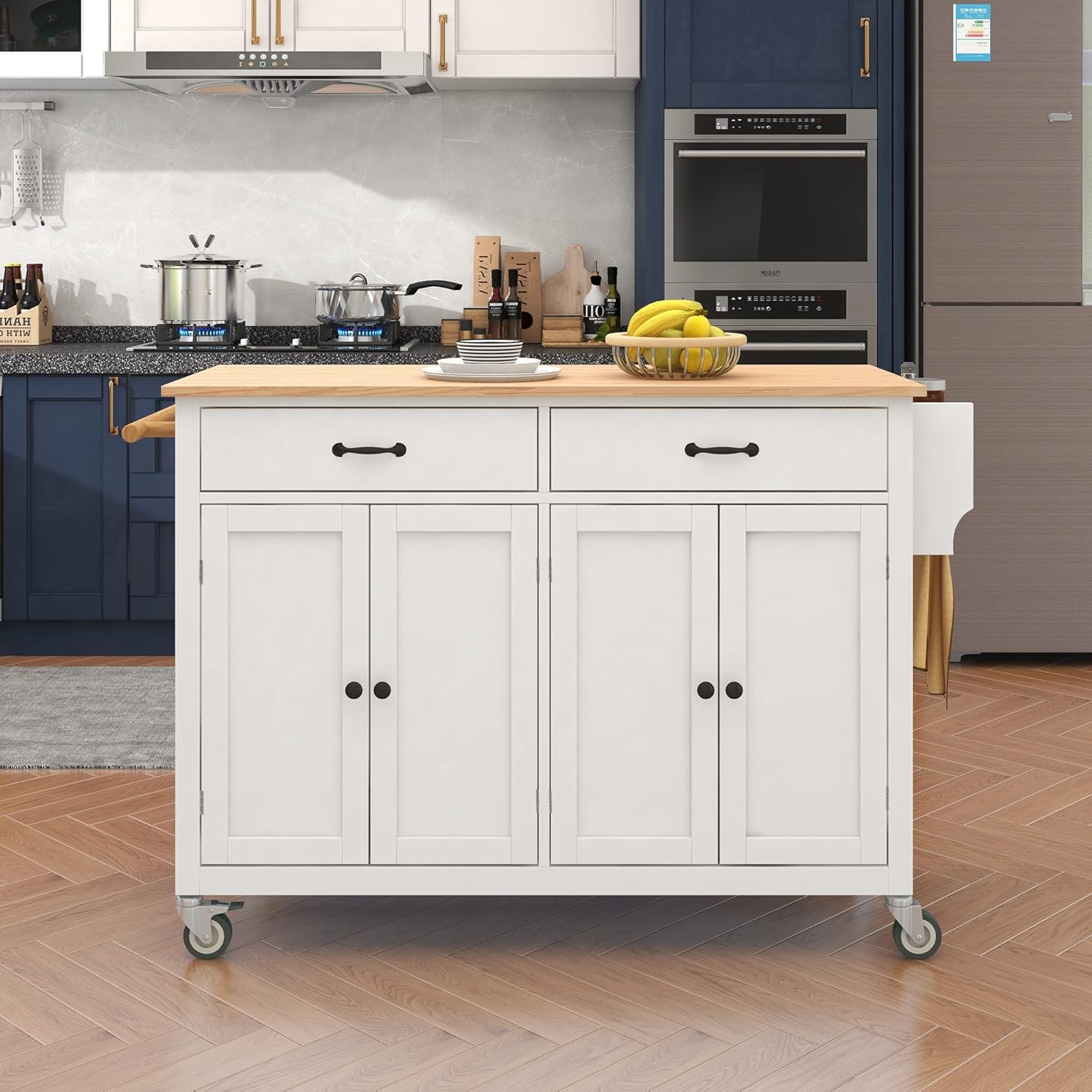 Merax Rolling Mobile Kitchen Island Cart with Wood Top and Locking Wheels, 4 Door Cabinets and 2 Drawers, Spice & Towel Rack, 54.3 Inch Width, White