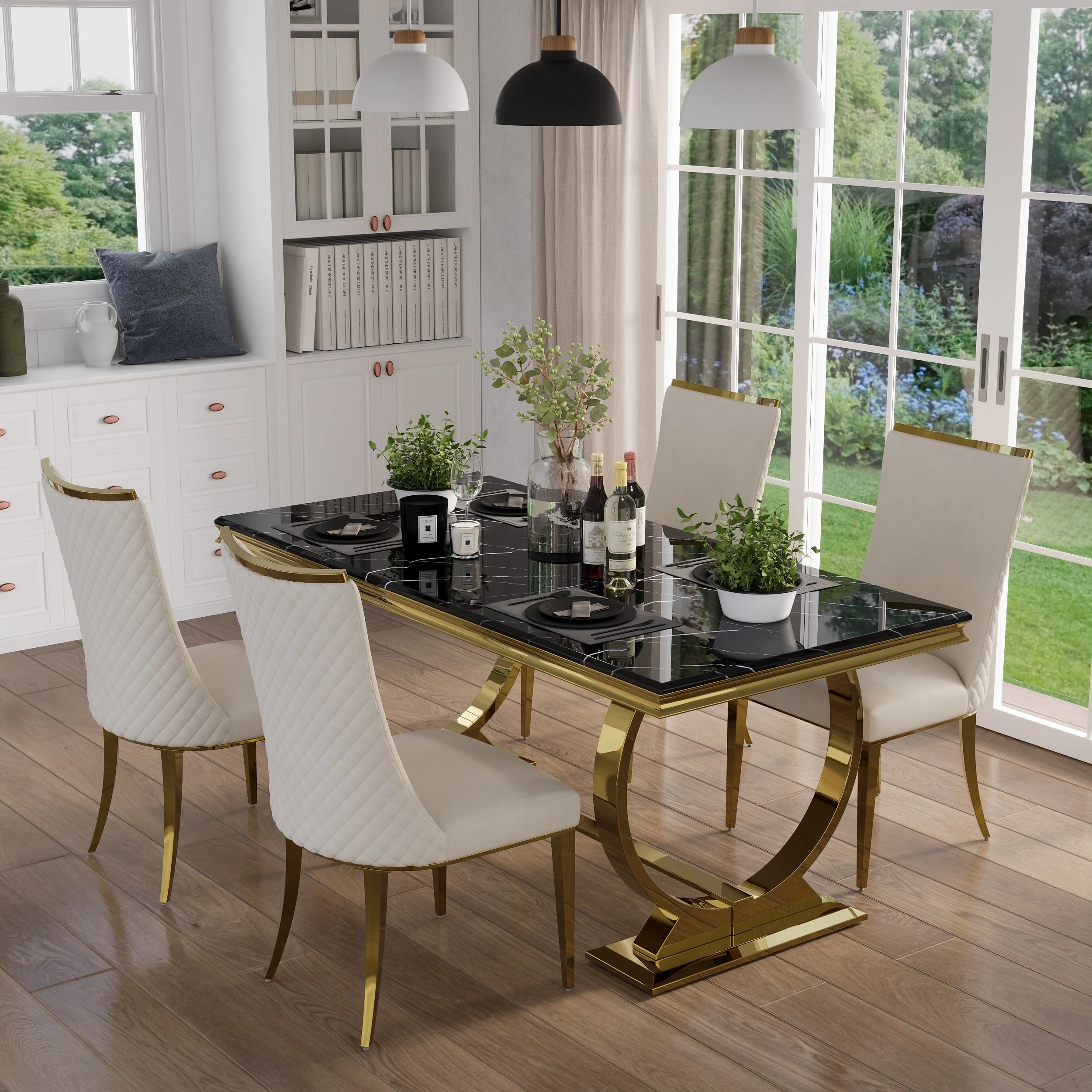 Luxurious Dining Room Table Set with Velvet Dining Chairs