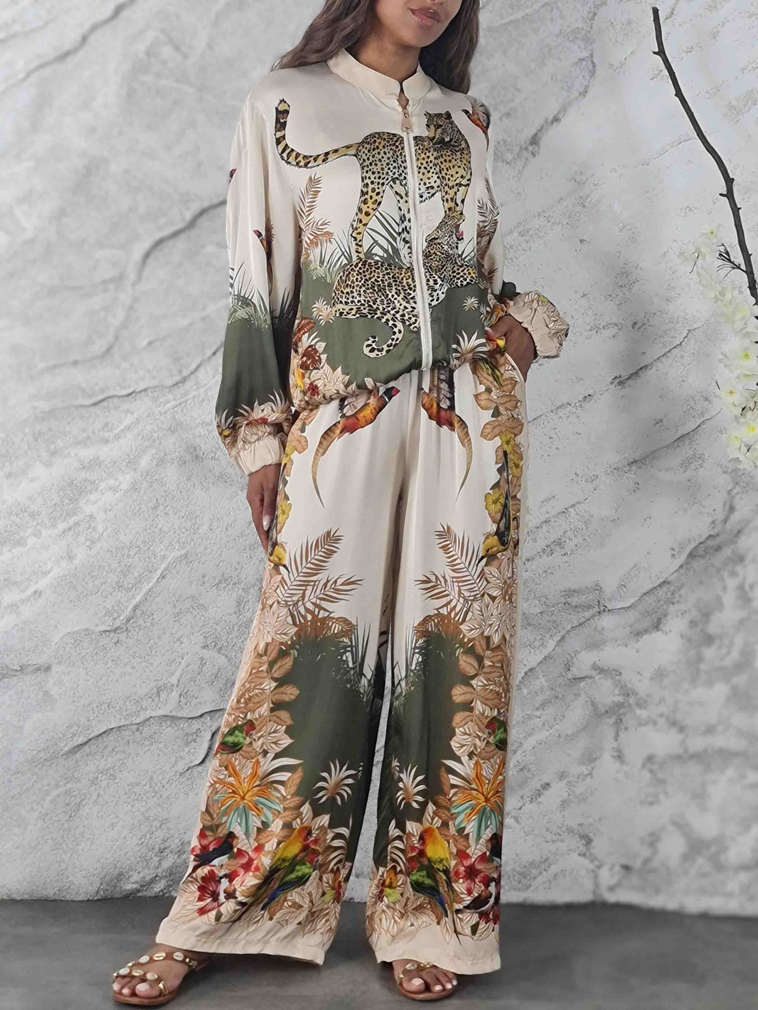 Exotic Jungle Print Wide Leg Pants