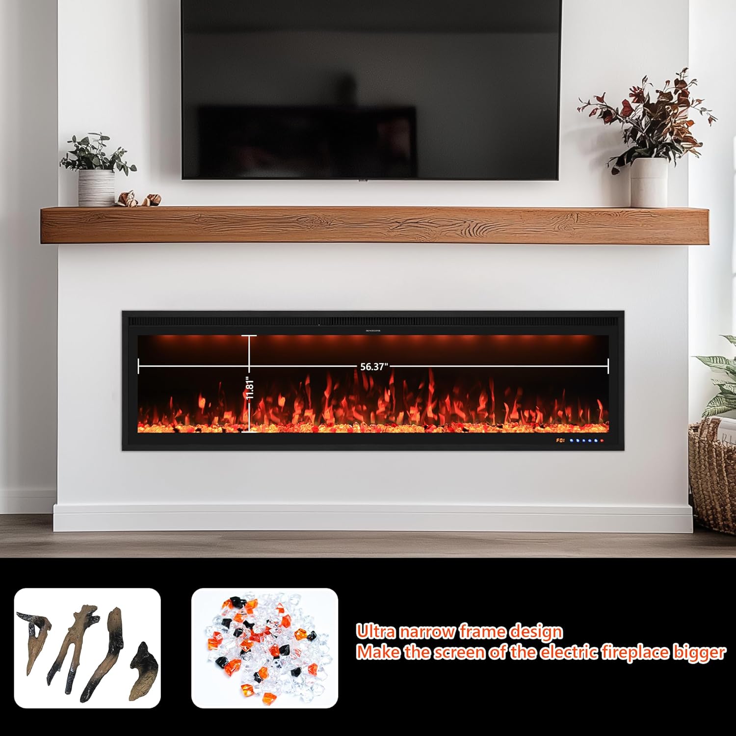 Valuxhome 60inch Recessed Electric Fireplace, Ultra Narrow Frame Design, 13 Flame Colors, 400 Sq.ft, 750/1500W