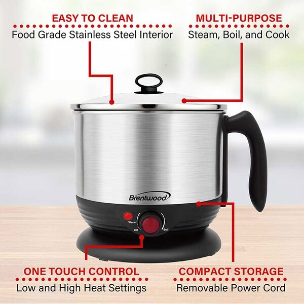 Brentwood Stainless Steel 1.3qt Electric Hot Pot Cooker and Steamer - 1.3 Quarts