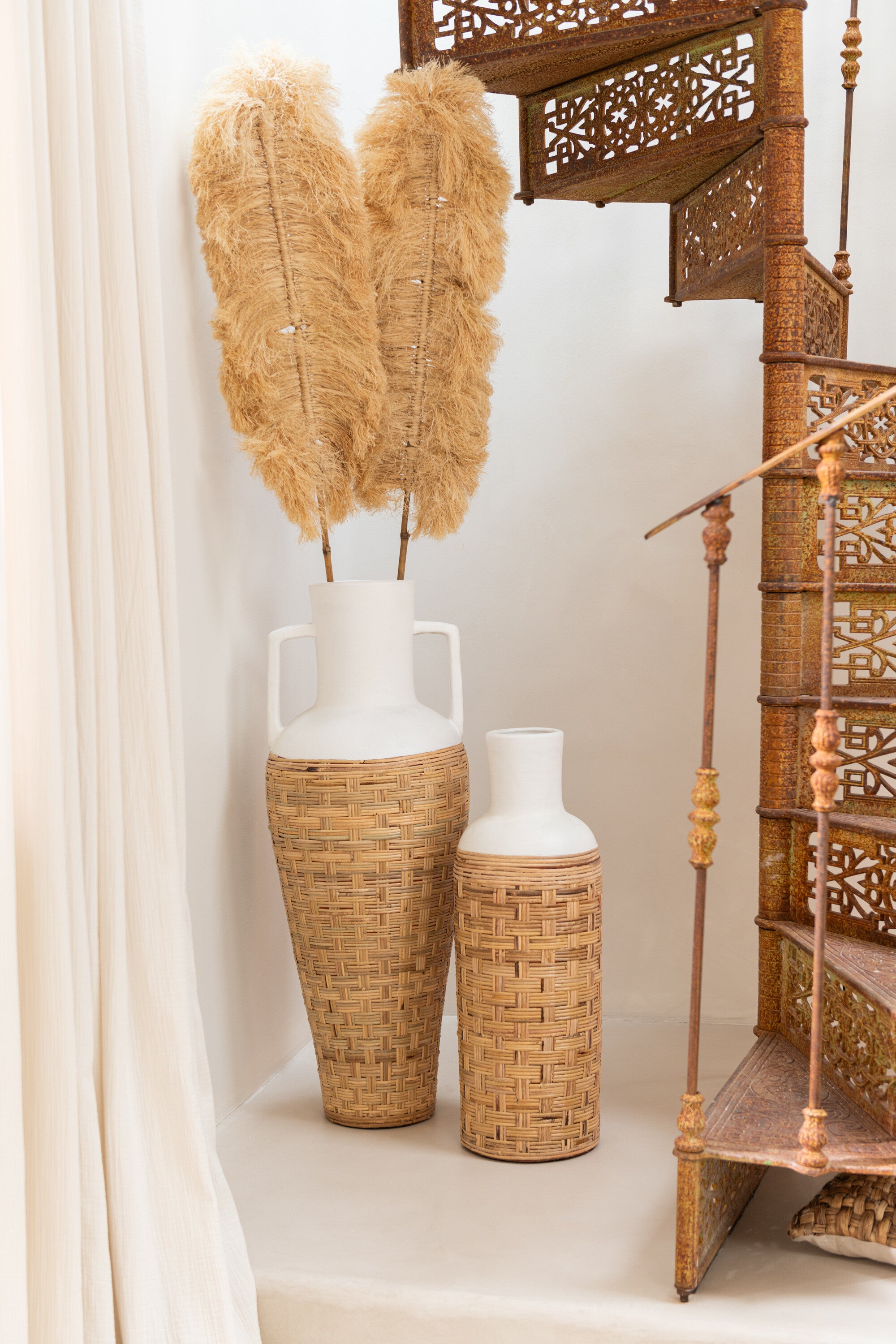 J-Line vaas Geweven Terracotta - rotin - wit/naturel - 75 cm hoog