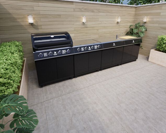 Beefmaster Premium 4 Burner Outdoor Kitchen with Range, Sink & Bench on Classic Carts