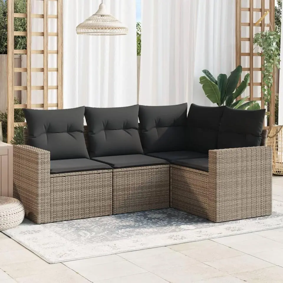 vidaXL Loungeset met kussens voor 4 personen - Grijs - Poly Rattan - 4 stuks