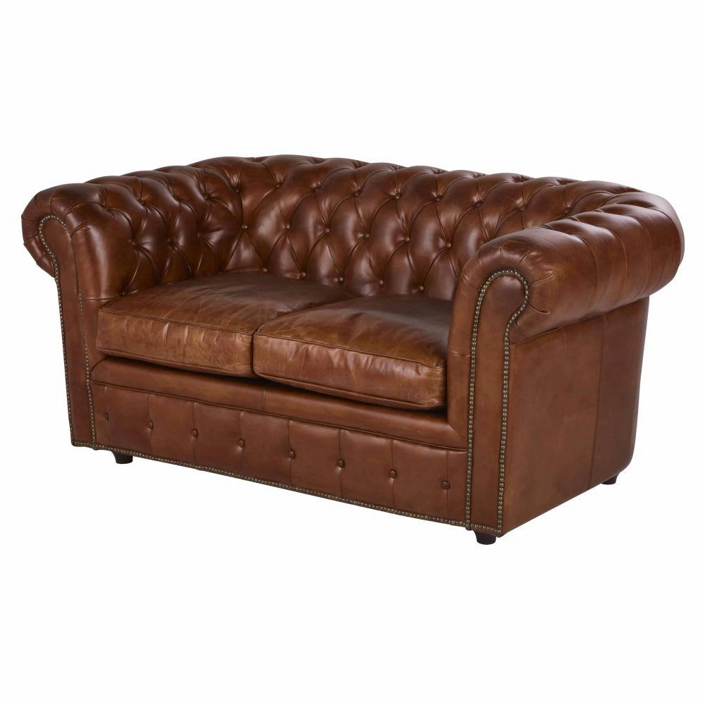 Chesterfield - Canapé capitonné 2 places en cuir marron