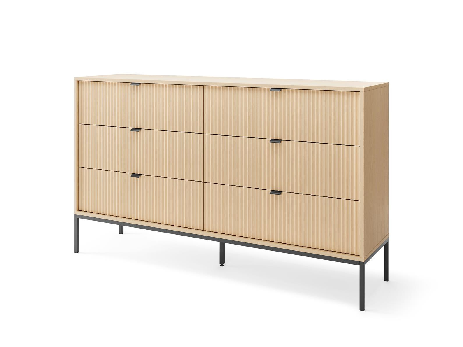 Komoda Ryflowana NOVA 154 cm – 6 Szuflad, Dąb Vicenza na Czarnym Stelażu