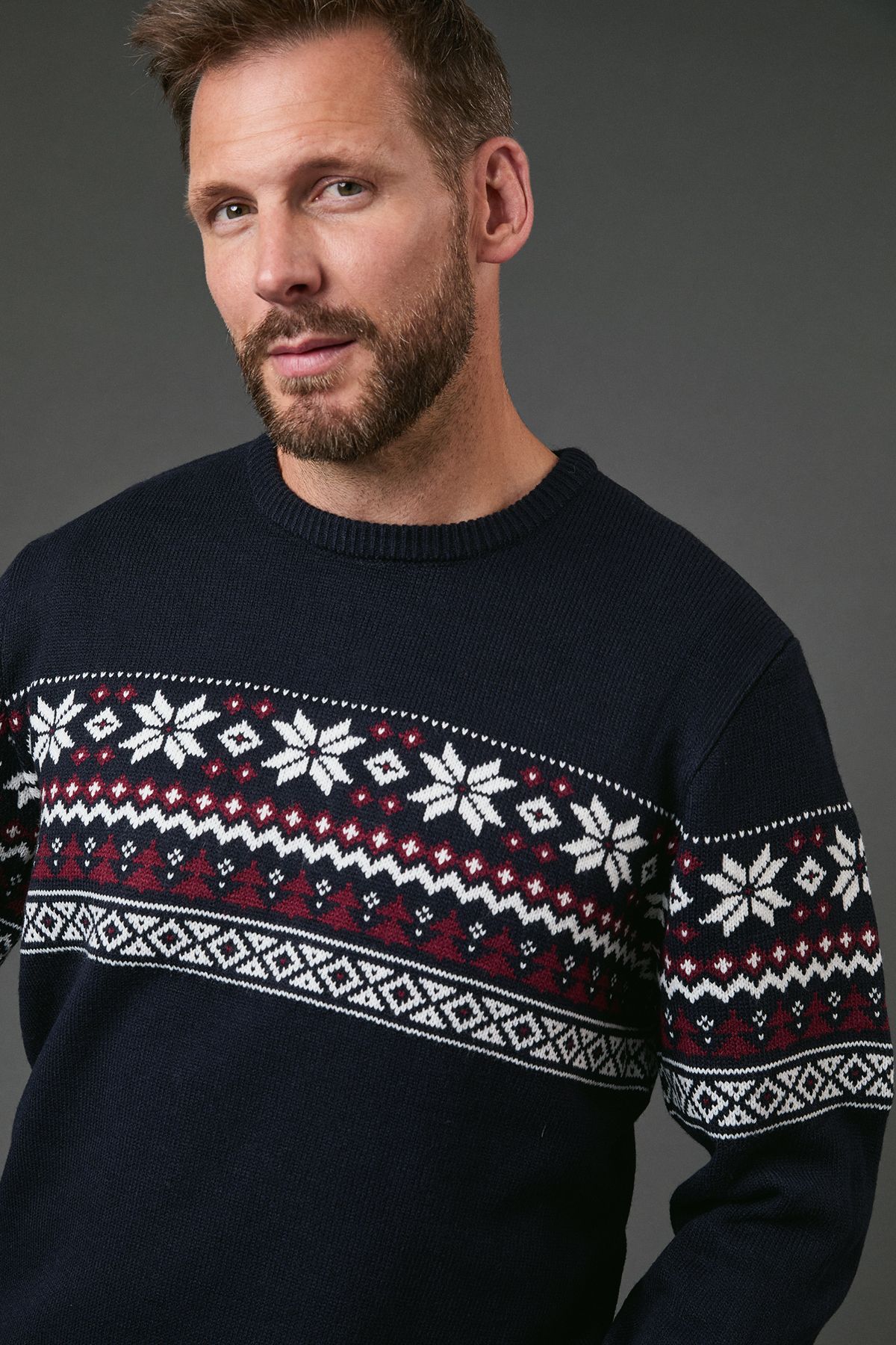 Maine Navy Patterned Crew Neck Knitted Jumper