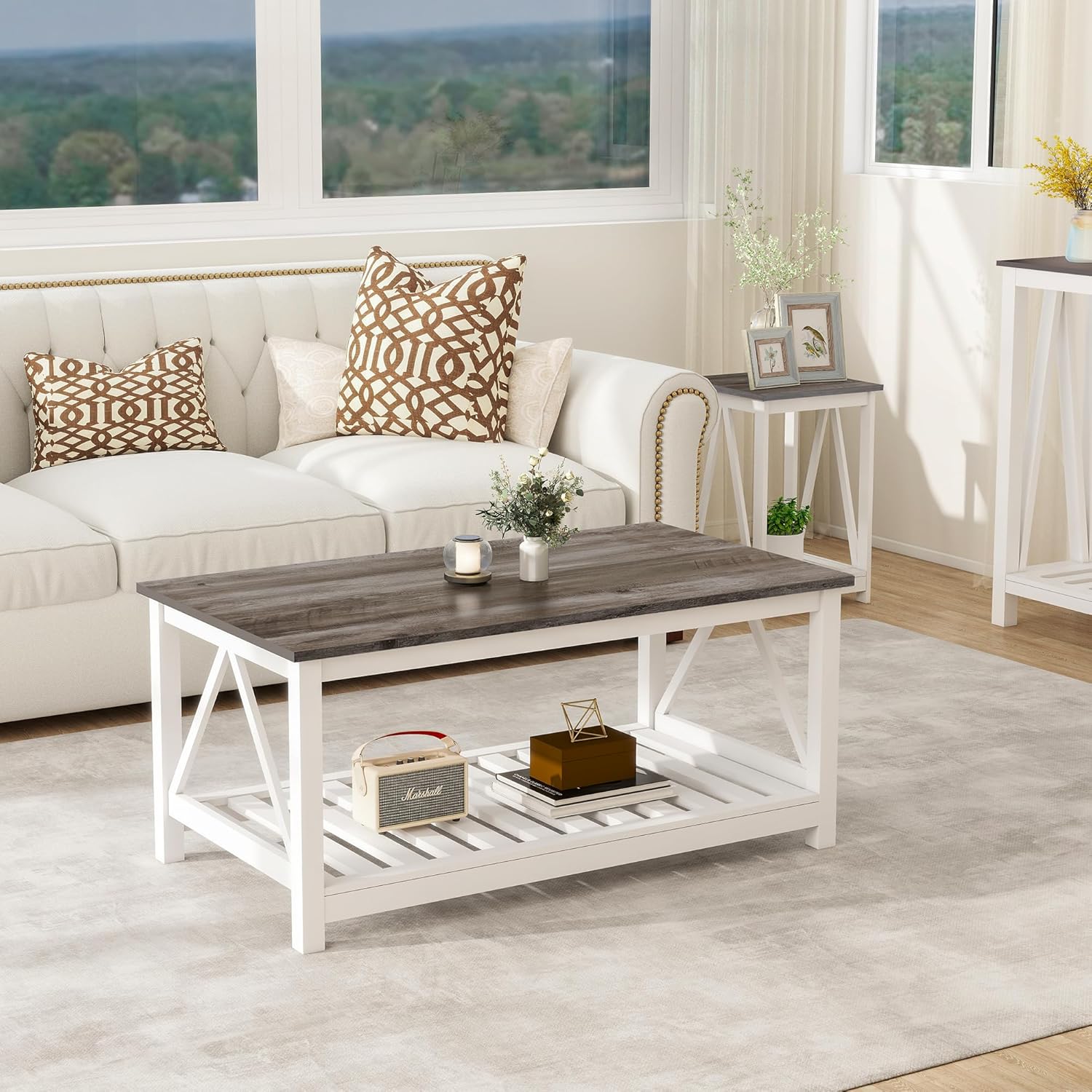 Farmhouse Coffee Table, White Oak Coffee Table for Living Room, 2-Tier Rectangular Wooden Centre Cocktail Table with Slats Shelf Storage and V-Shaped Frame Modern Coffee Oak Grey
