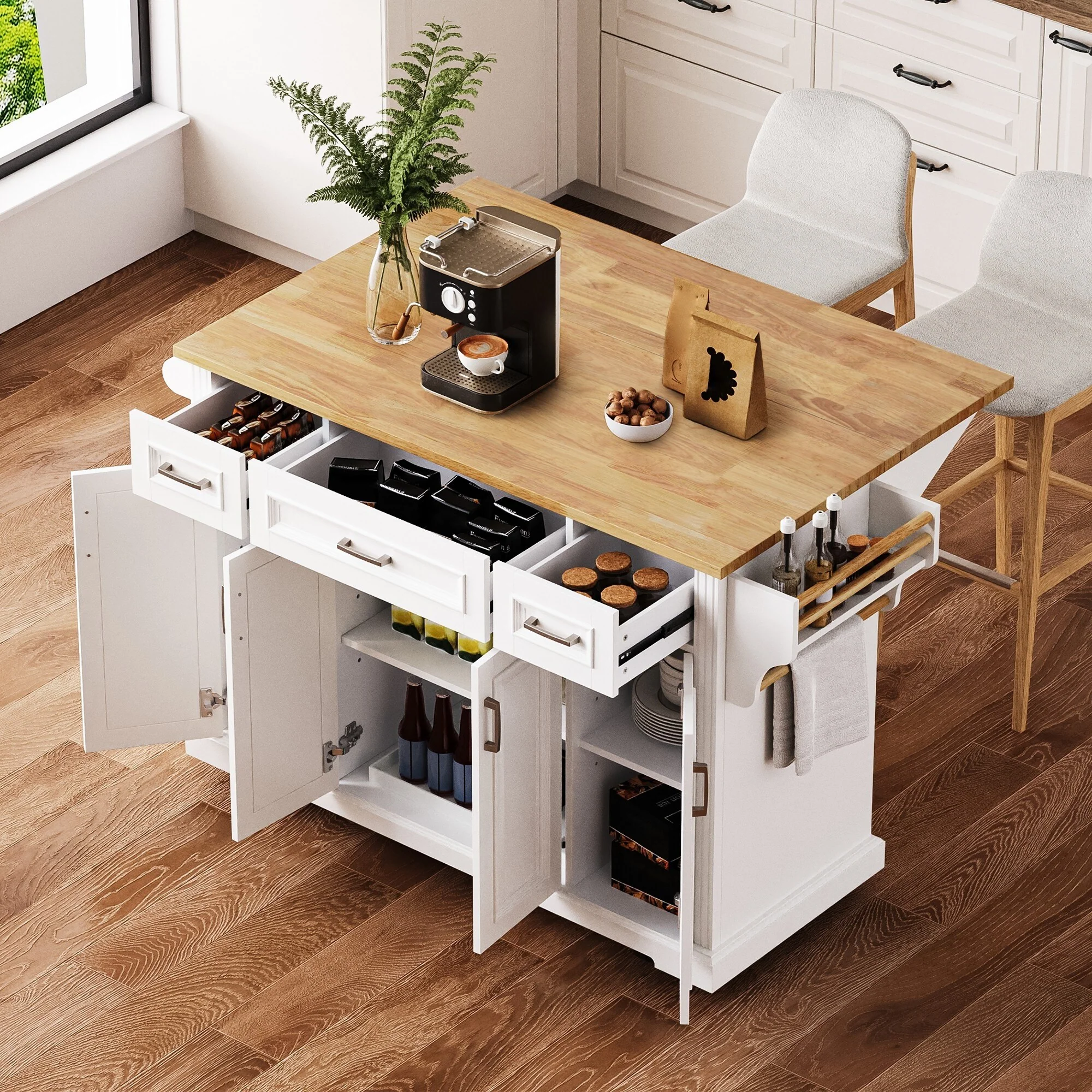 53 Kitchen Island With Drop Leaf, Kitchen Island On Wheels with Storage, Rolling Kitchen Table, Mobile Kitchen Cart