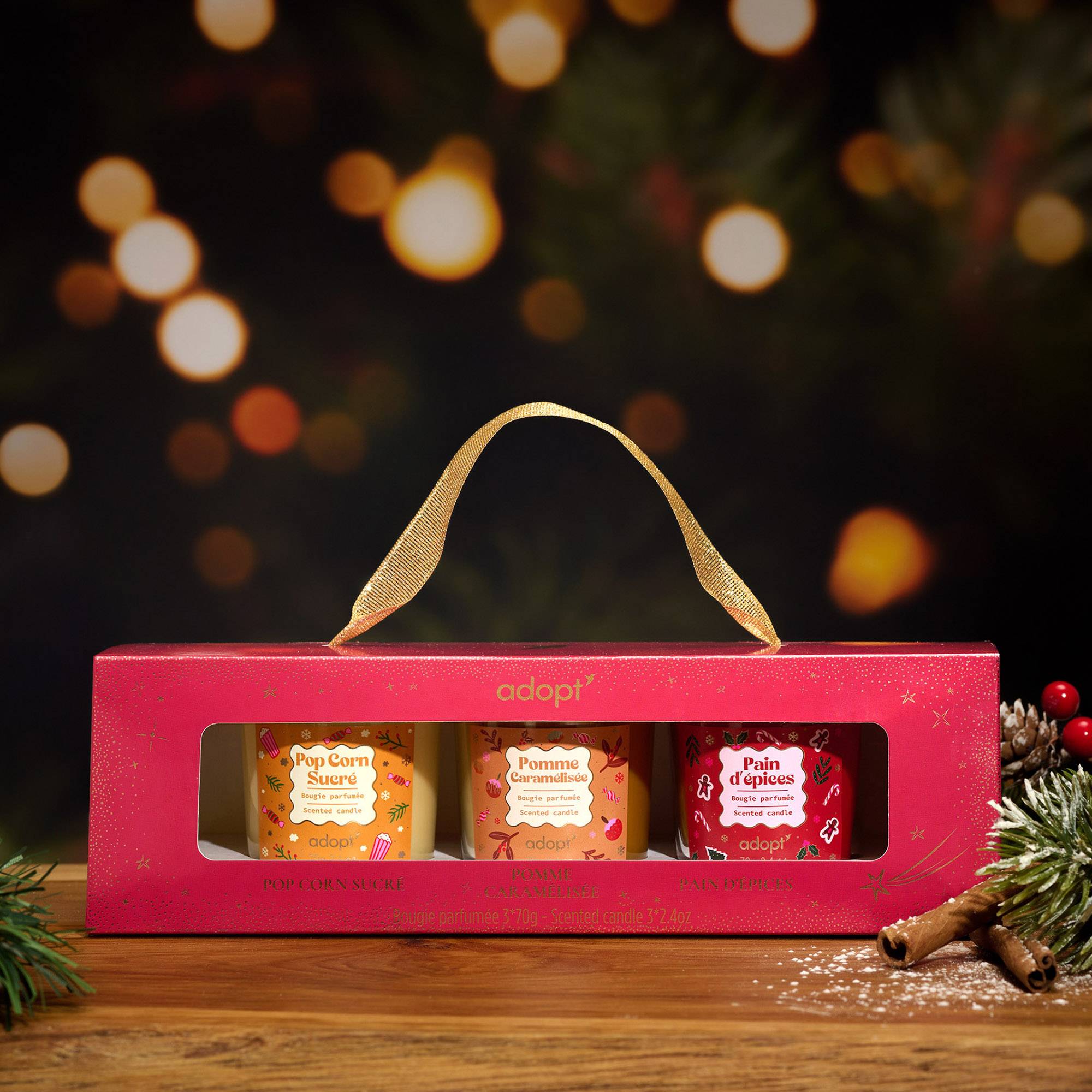 Coffret Mini Bougies NoelCoffret 3 bougies Pomme Caramélisée 70g   Pop Corn Sucré 70g   Pain d'épices 70g