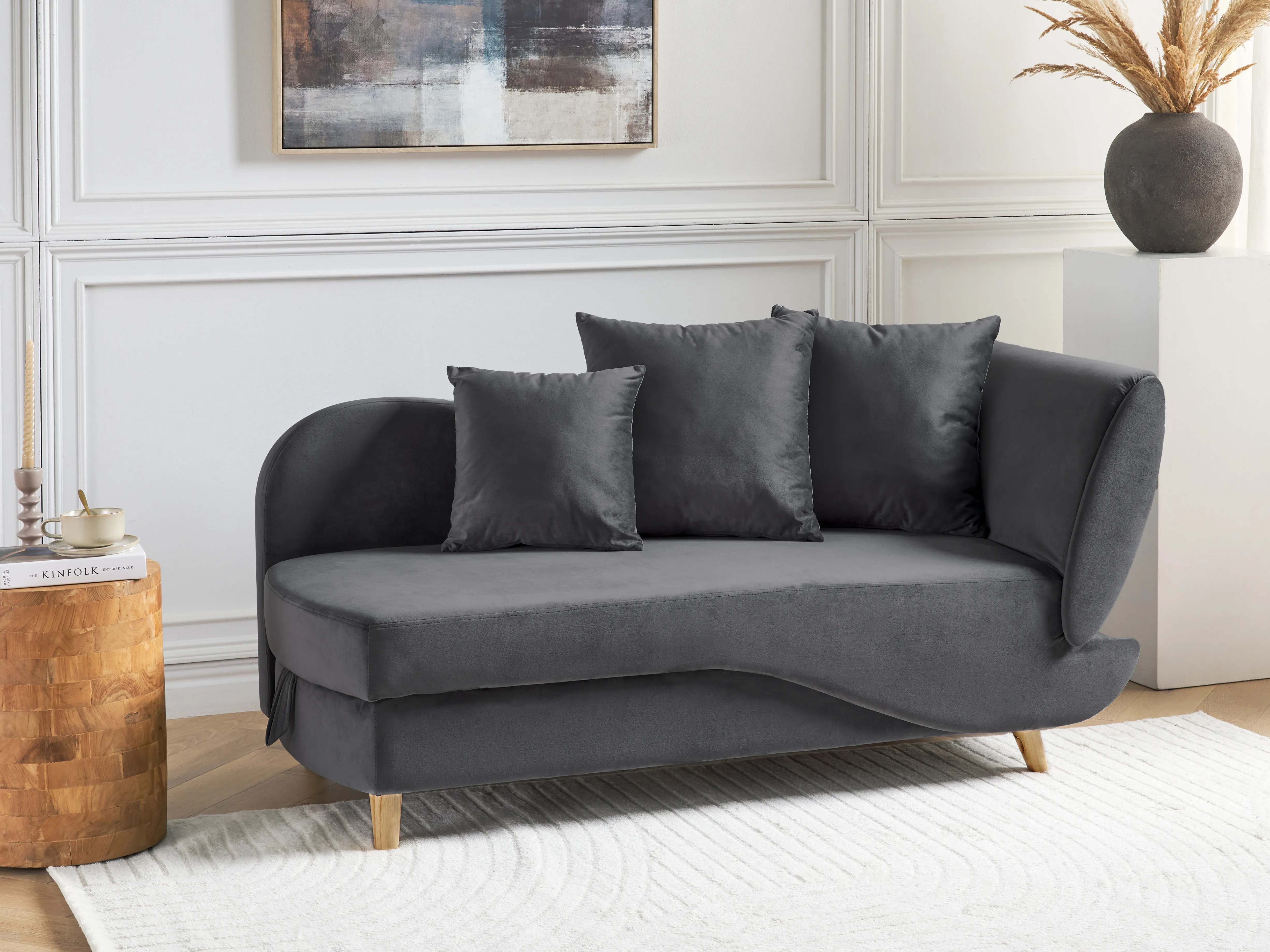 Right-Hand Chaise Longue MERI Velvet Dark Grey with Storage