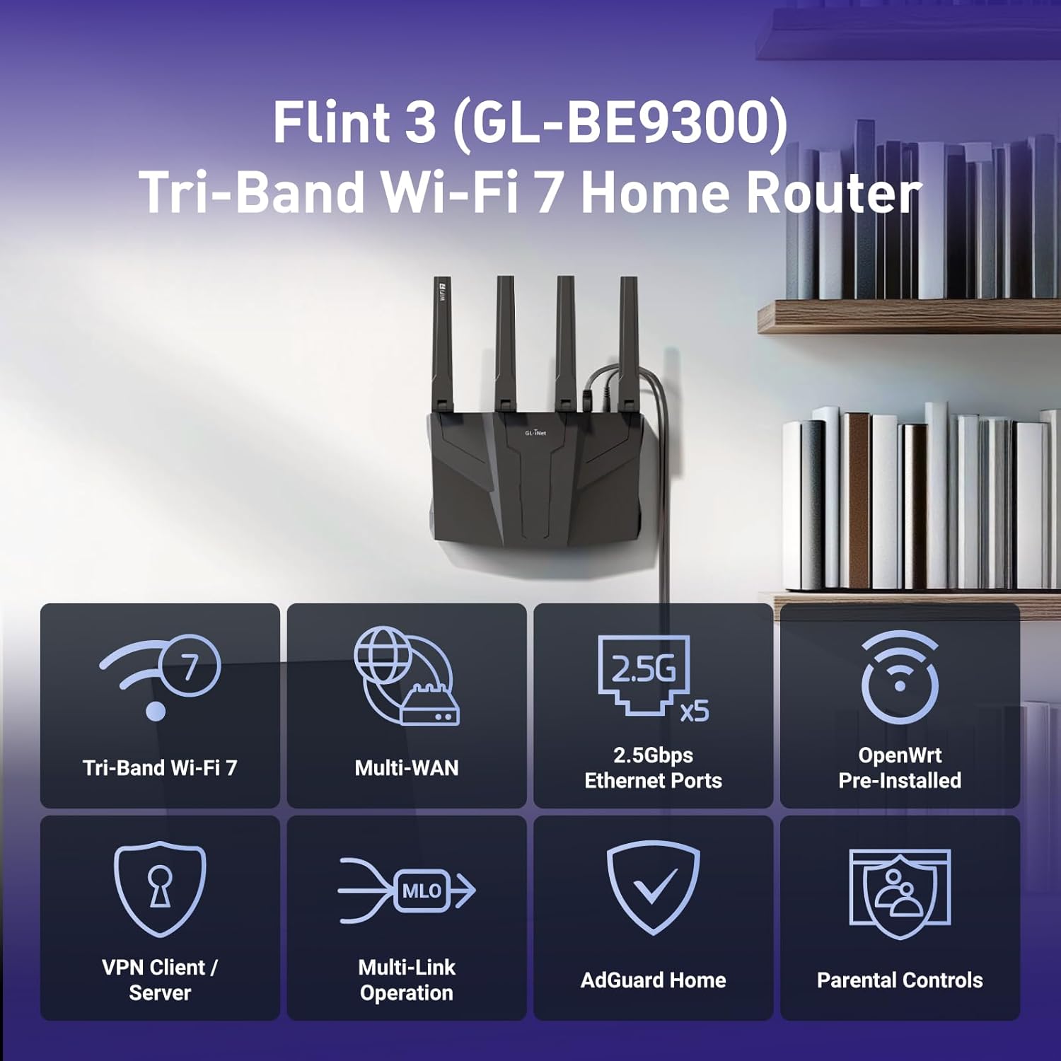 GL.iNet GL-BE9300 (Flint 3) Tri-Band WiFi 7 Router  High-Speed 6GHz Gaming WiFi Router for Wireless Internet  Long Range  5 x 2.5G VPN Routers for Fiber Optic Modem  Computer Routers  Home & Business