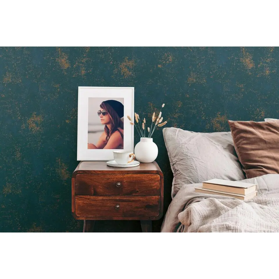 A.S. Cr&eacute;ation behang met structuur blauw, turquoise en goud - 53 cm x 10.05 m