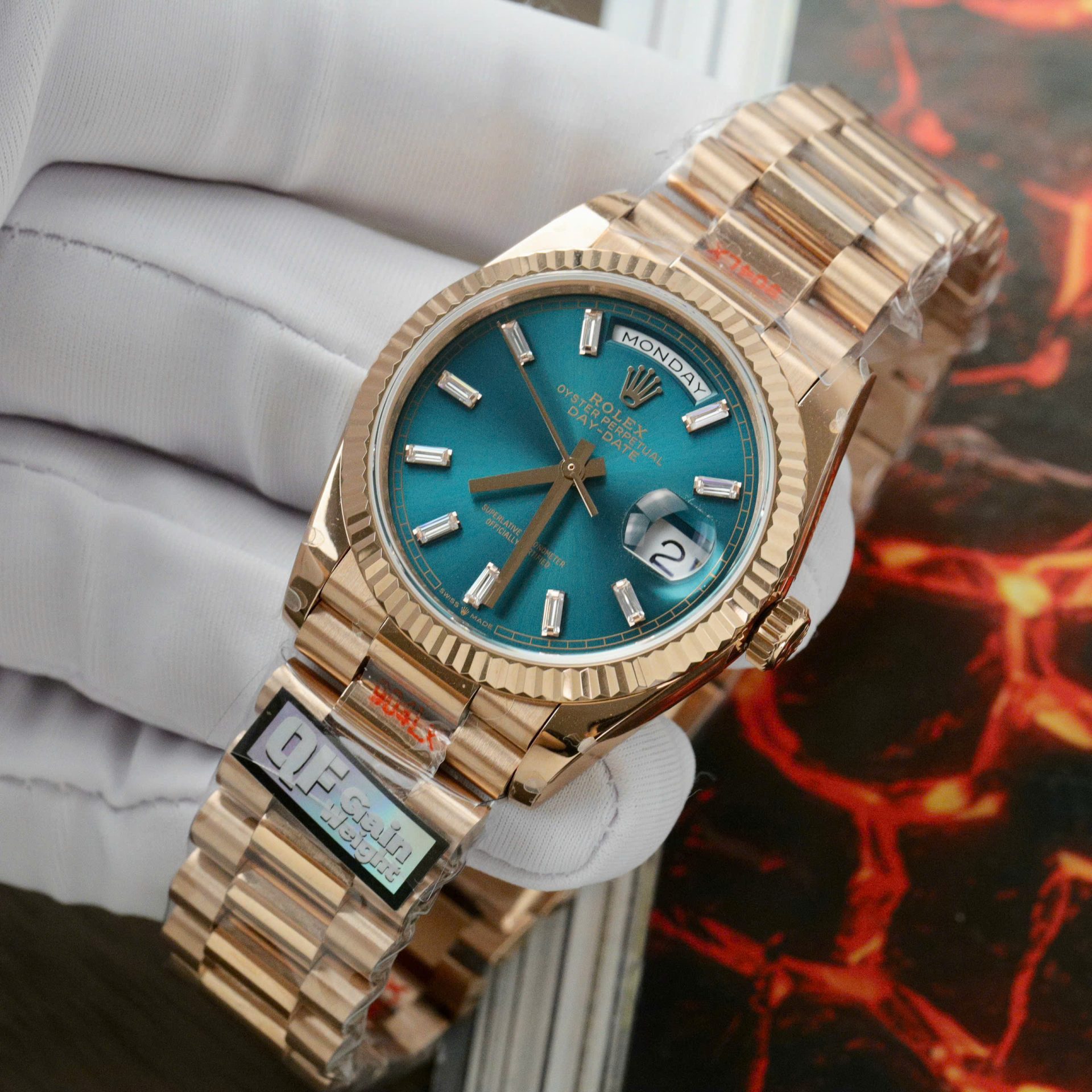 Rolex Day-Date 128235 RG Plated Blue Dial CZ Diamonds 36mm Super Clone