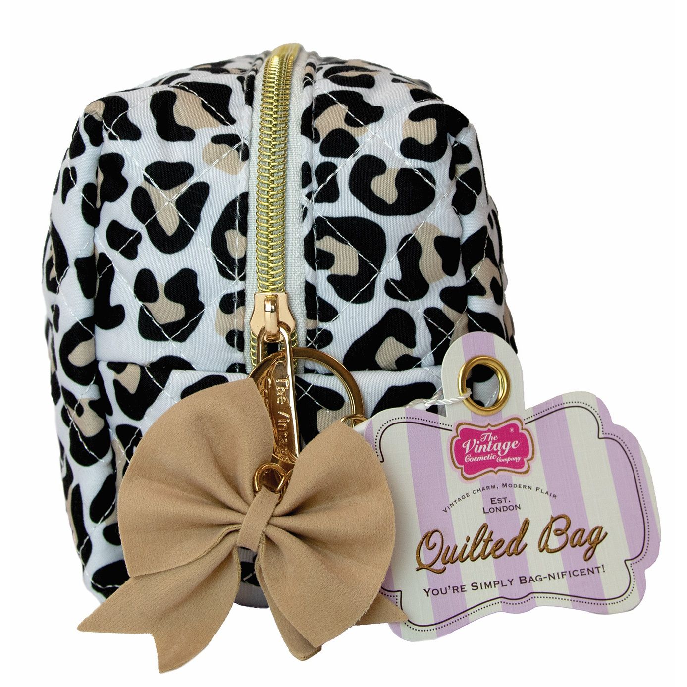 The Vintage Cosmetic Company Leopard Quilted Make-Up Bag with Bow Charm