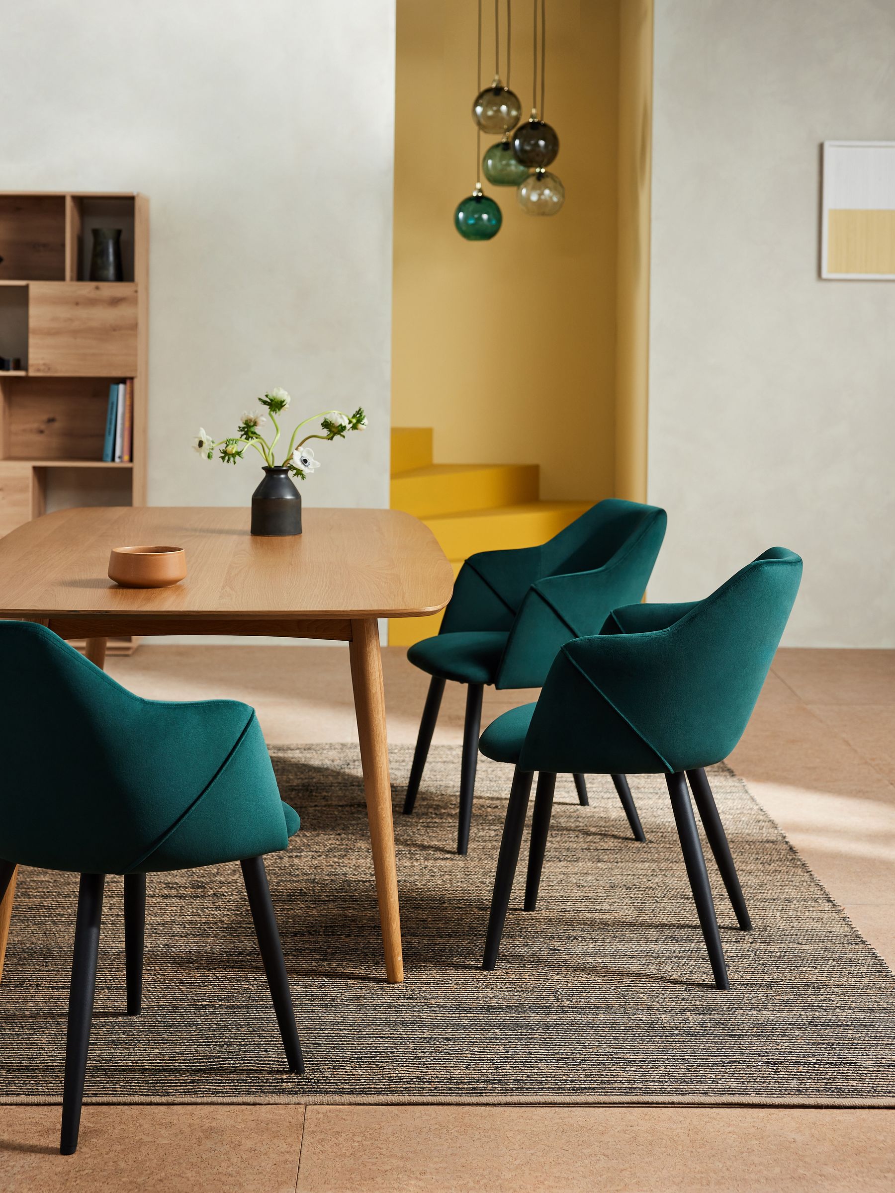 Set of 2 Pine Green Velvet and Black Legs Lule Arm Dining Chairs