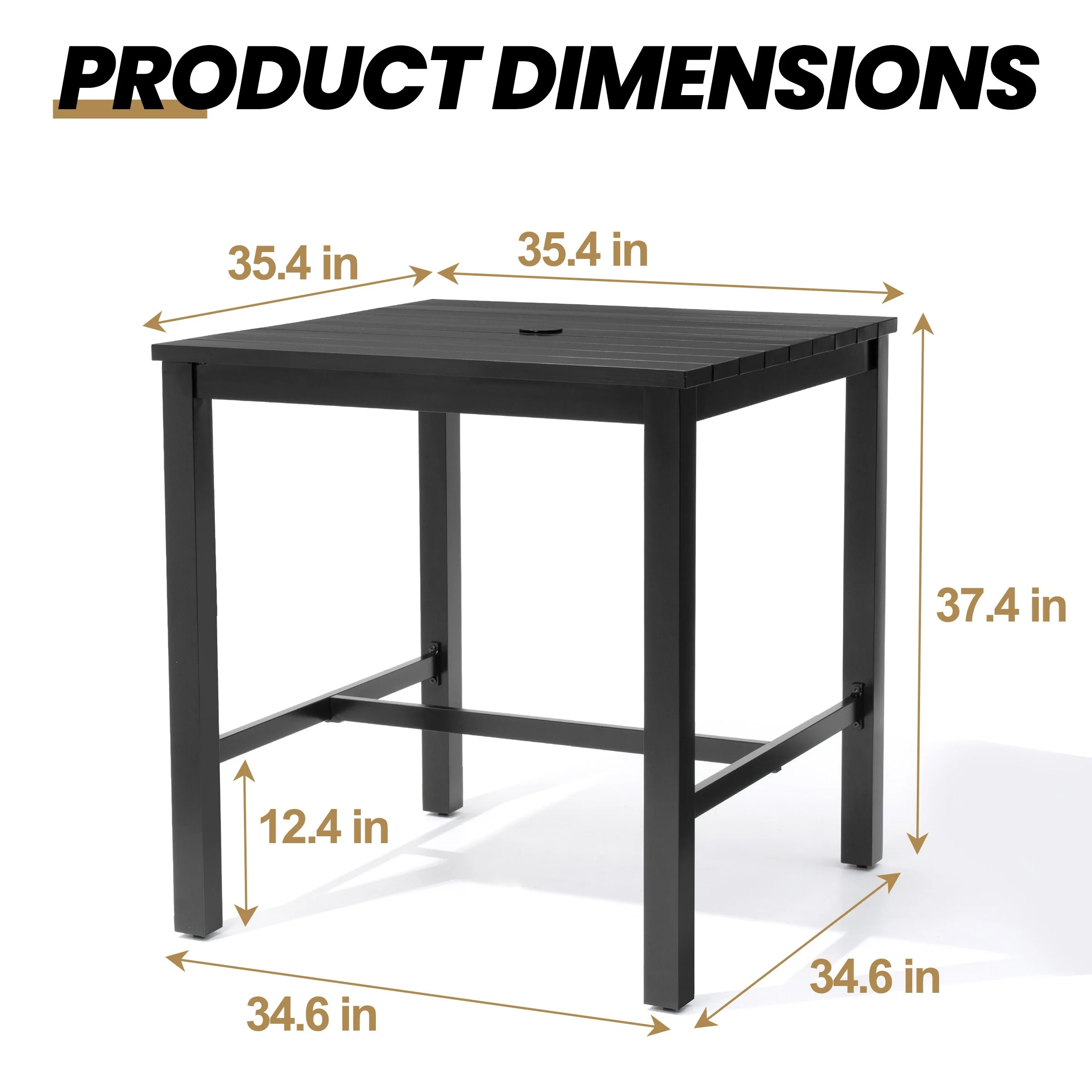 Outdoor Aluminum Bar Table with Umbrella Hole 37.4 Height Square Bistro Table