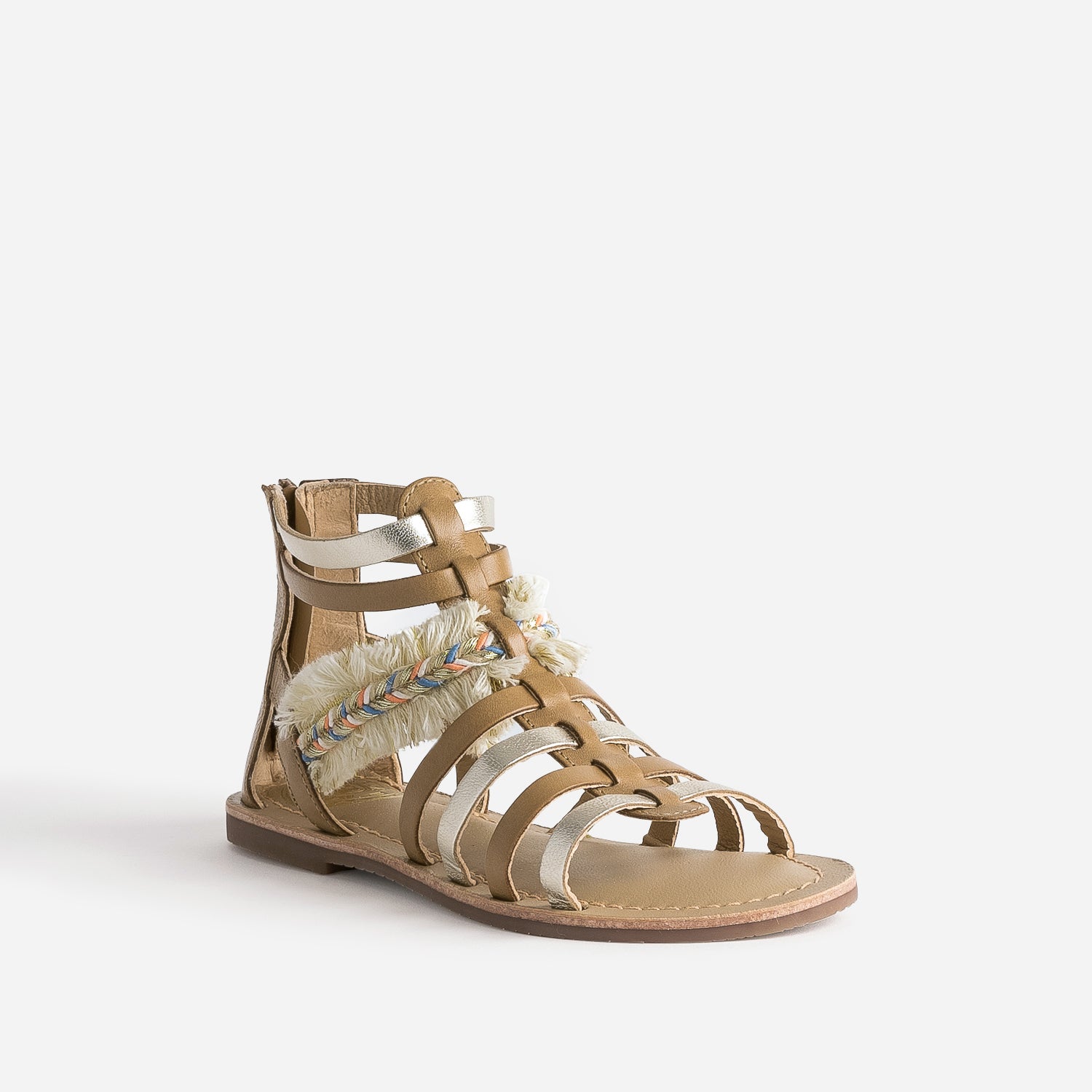 Sandale spartiate camel et doré en cuir avec galon frangé