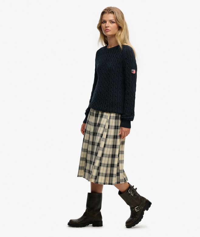 Check Pleated Midi Skirt