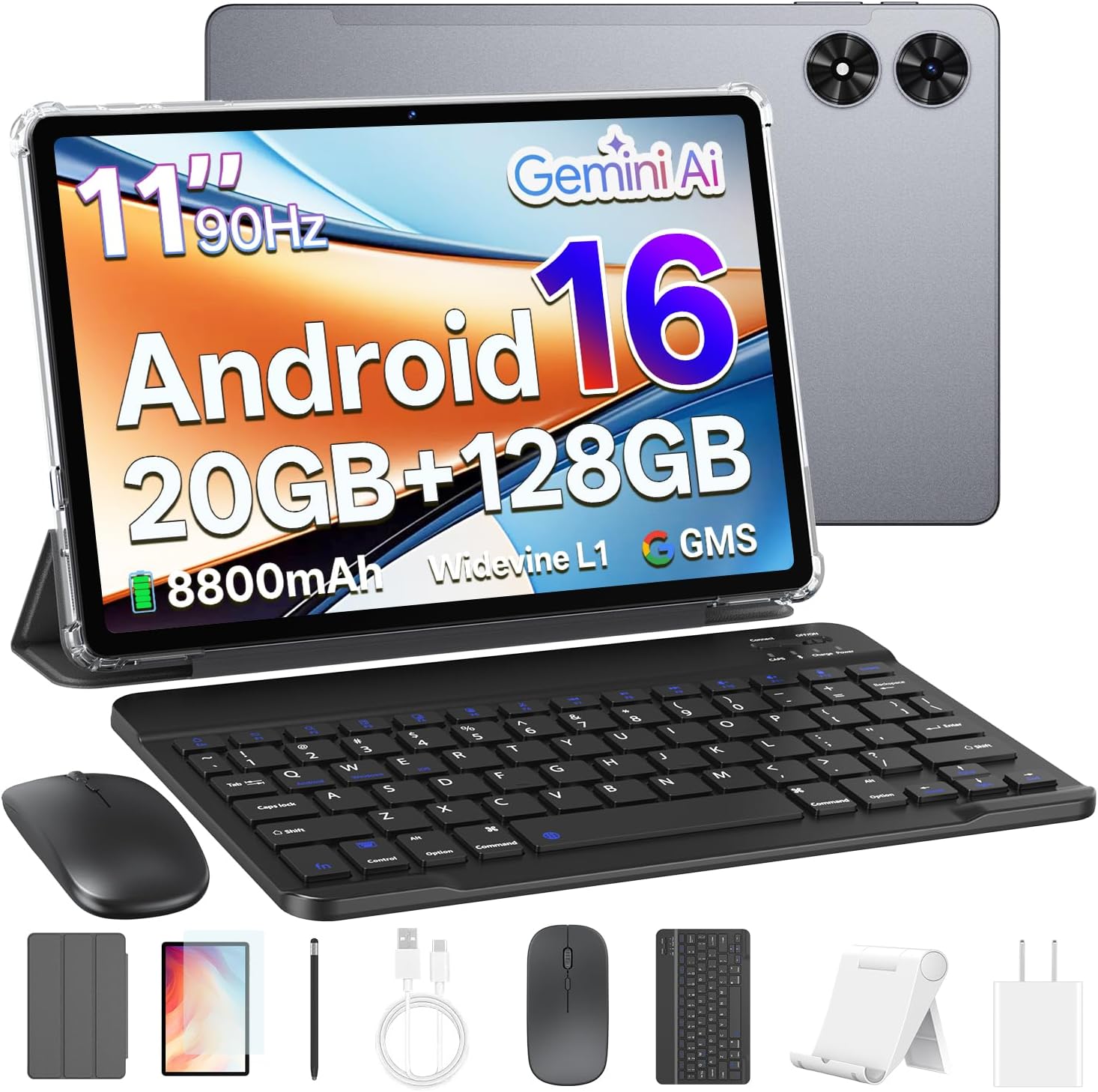 Android 16 Tablet with Keyboard, 11 Inch Tablet with Octa-Core & Gemini AI, 20GB RAM+128GB ROM (1TB Expandable), 13MP+8MP Dual Camera, 8800mAh, Wi-Fi 6, Widevine L1, 2-in-1 with Mouse & Stylus (Gray)