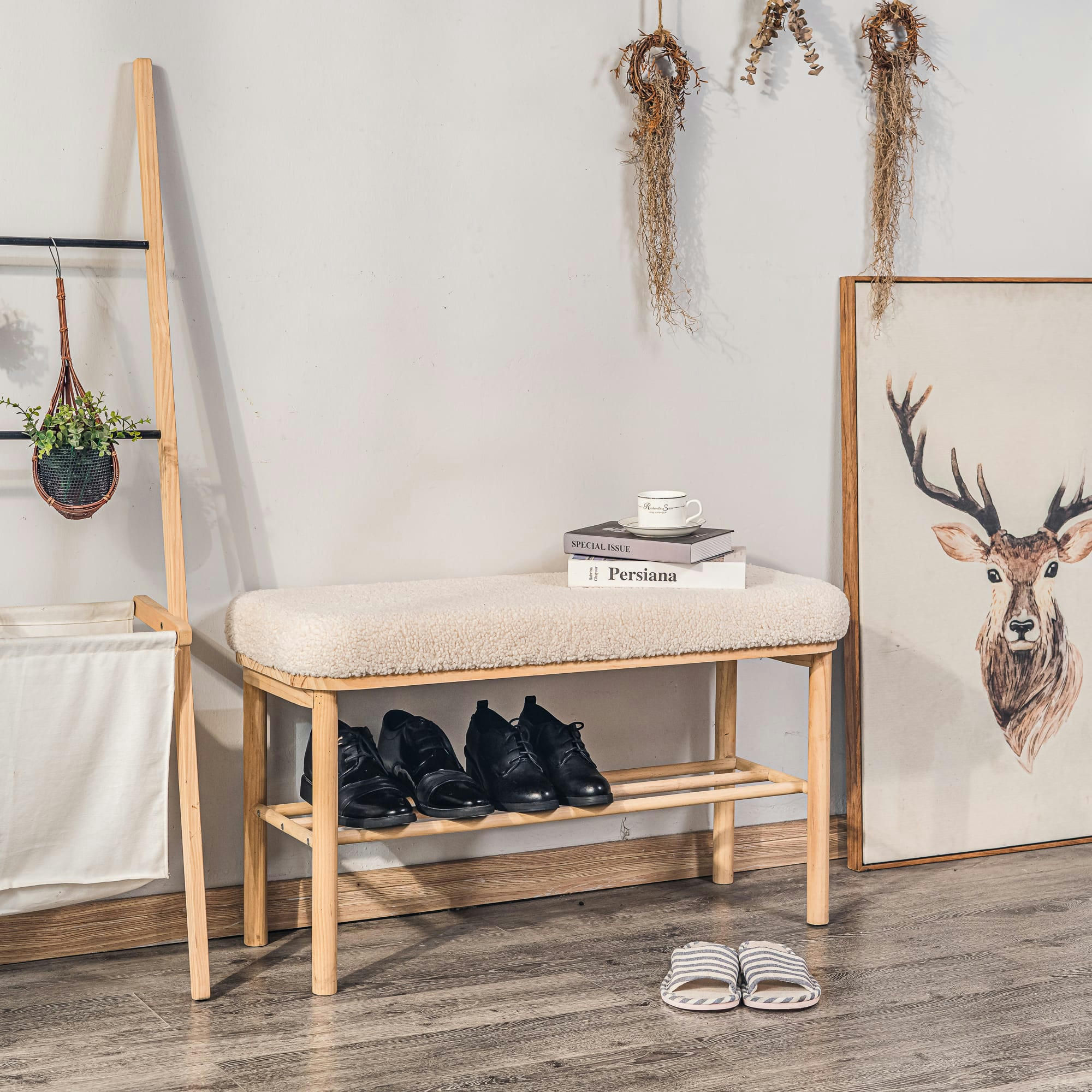 - Banc avec rangement en pin massif et bouclettes