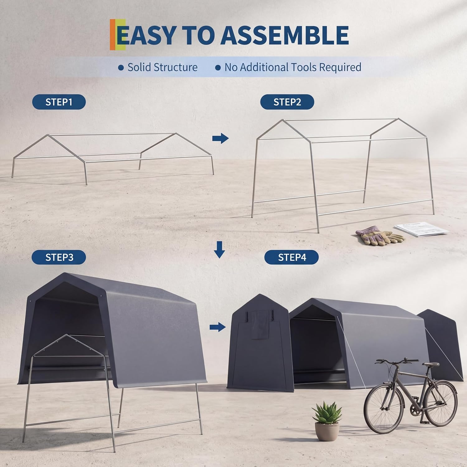 6x6FT Carport, Heavy Duty Motorcycle Shed with Waterproof PE Tarp, Portable Outdoor Storage Shed for Bikes and Firewood, All-Weather Car Shelter with Roll-Up Zipper Door, 6x6FT, Gray