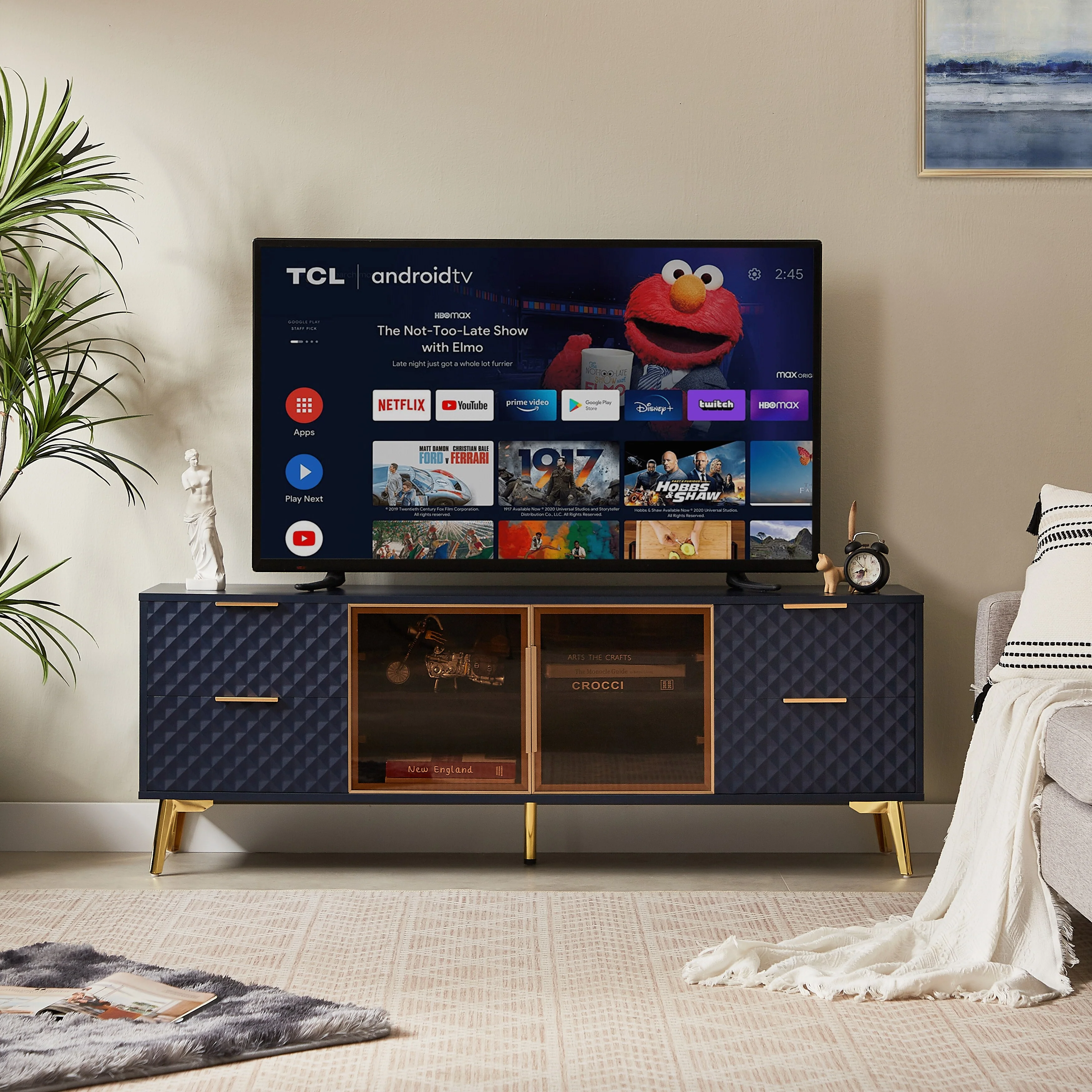 Deluxe Sculpted Modern Fashion Geometric Style TV Stand, Aluminum Frame Tempered Glass Door 4 Drawer Chest