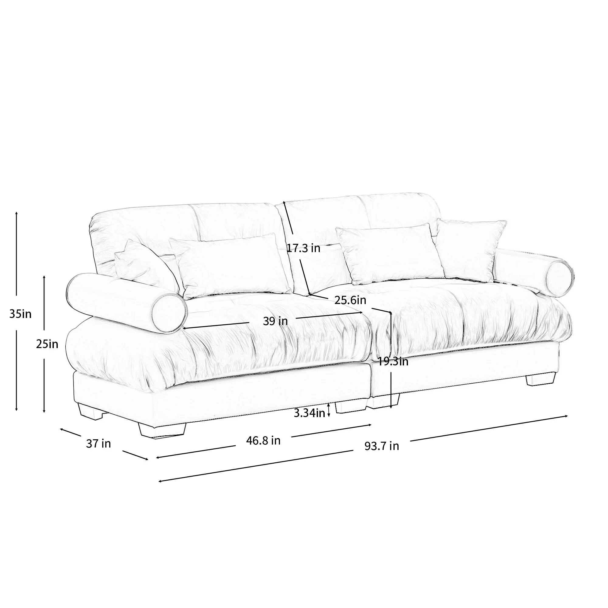 Modern Two-Seater Sofa With Bolstered Armrests,Velvet 2-Seater Sofa With Waist Pillows And Throw Pillows