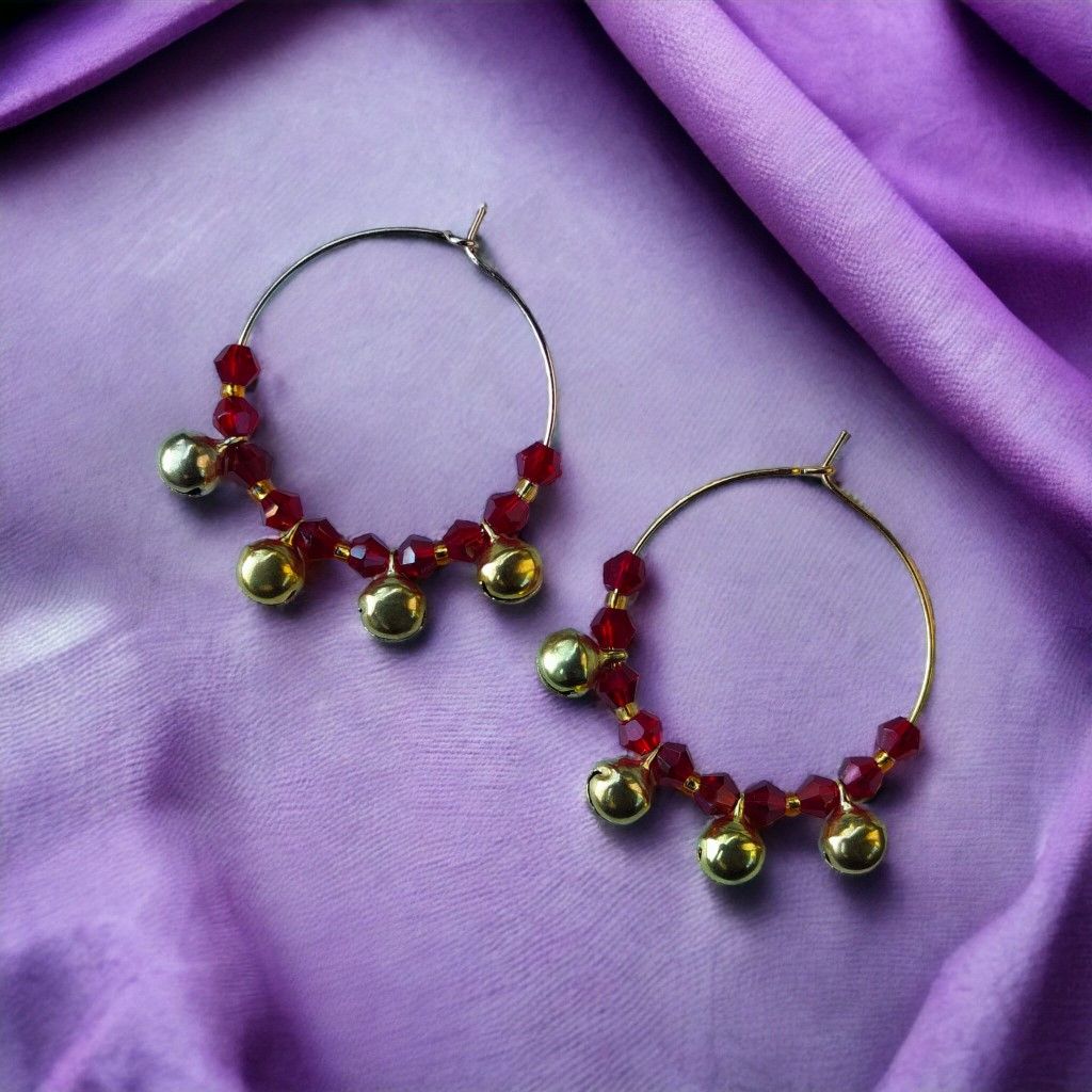 The Colourful Aura Gold Red Ghungroo 30mm Huggie Hoop Bali Earring