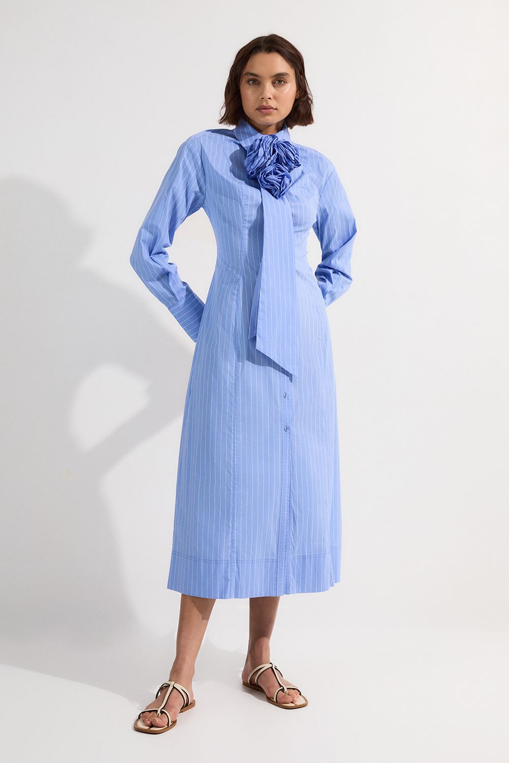 KarenMillen Stripe Cotton Rosette Woven Shirt Maxi Dress