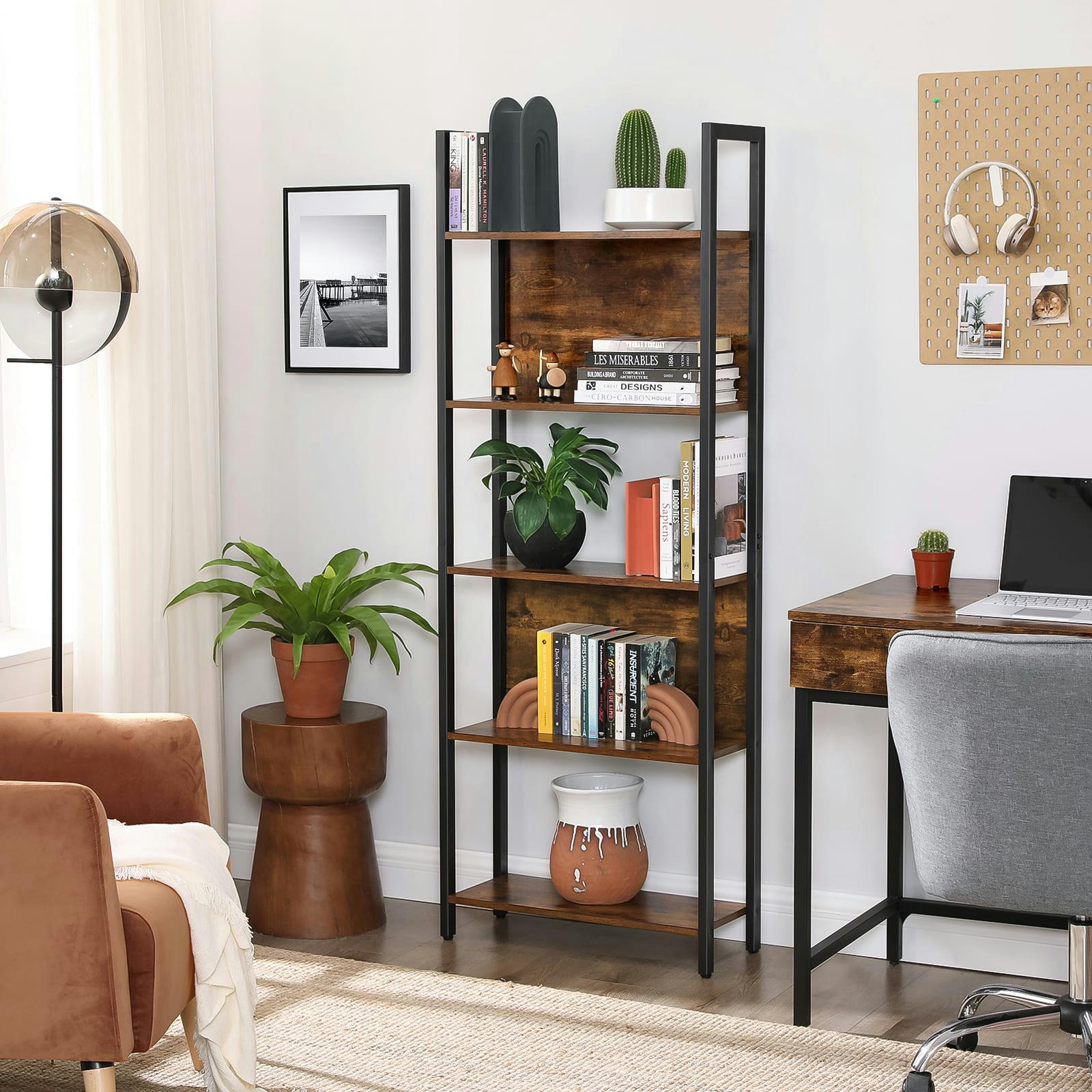 - Étagère style industriel 5 niveaux acier effet bois noir