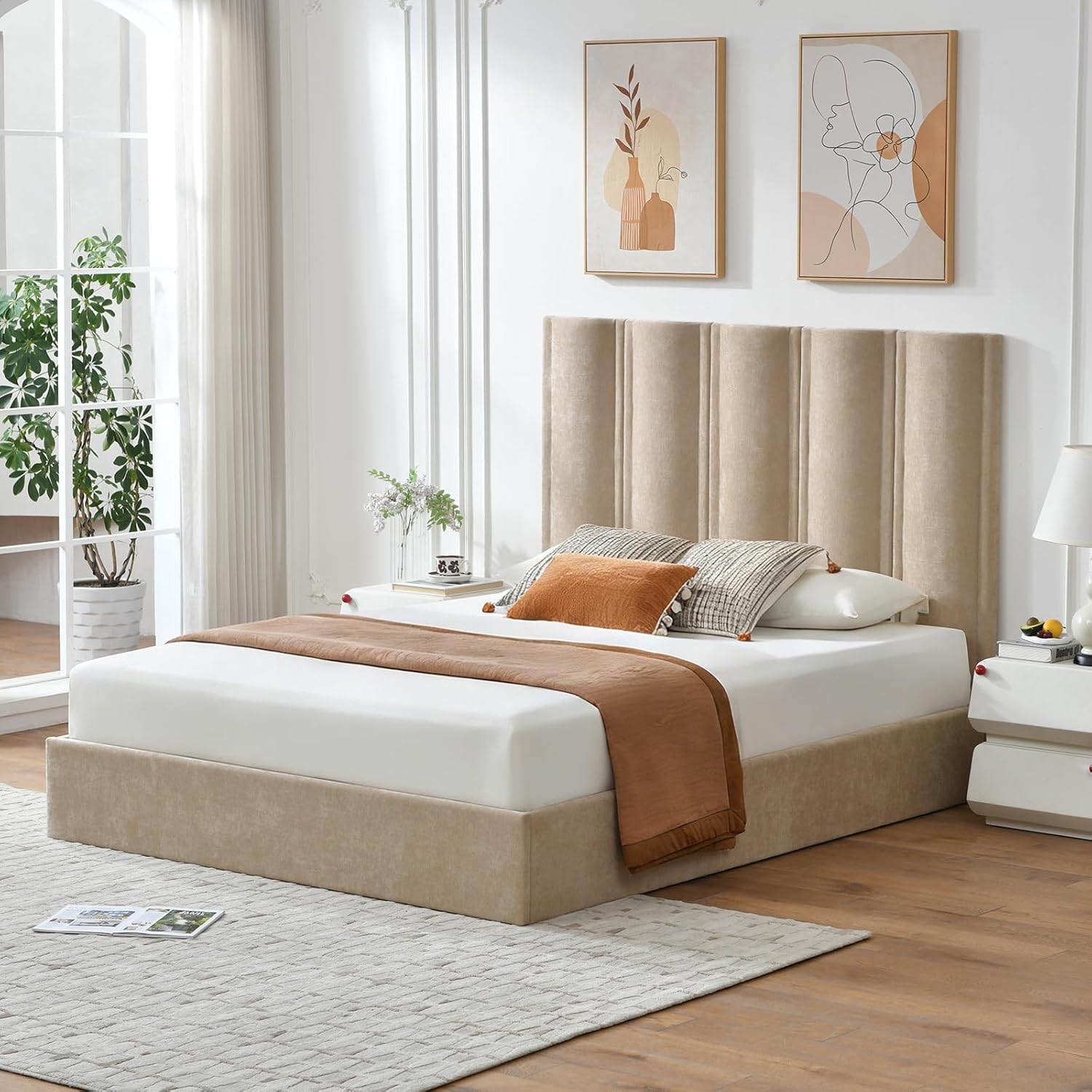 Queen Size Lift Up Storage Bed, Upholstered Platform Bed Frame with Storage Underneath, 51.6'' Tall Vertical Channel Tufted Headboard, Linen-Textured, Hydraulic Support, No Box Spring Needed, Beige
