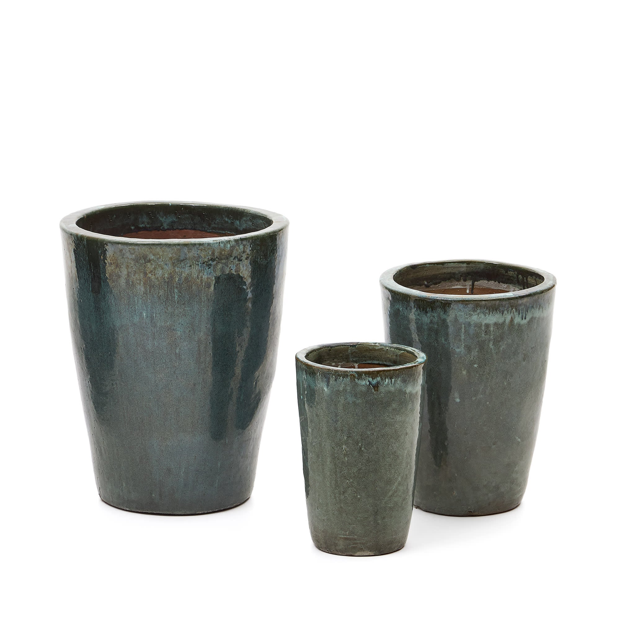 Kave Home - Set Rotja van 3 terracotta bloempotten afgewerkt met blauw