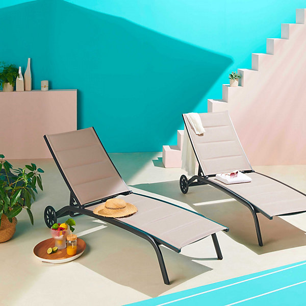 Lot de 2 bains de soleil en aluminium taupeOviala