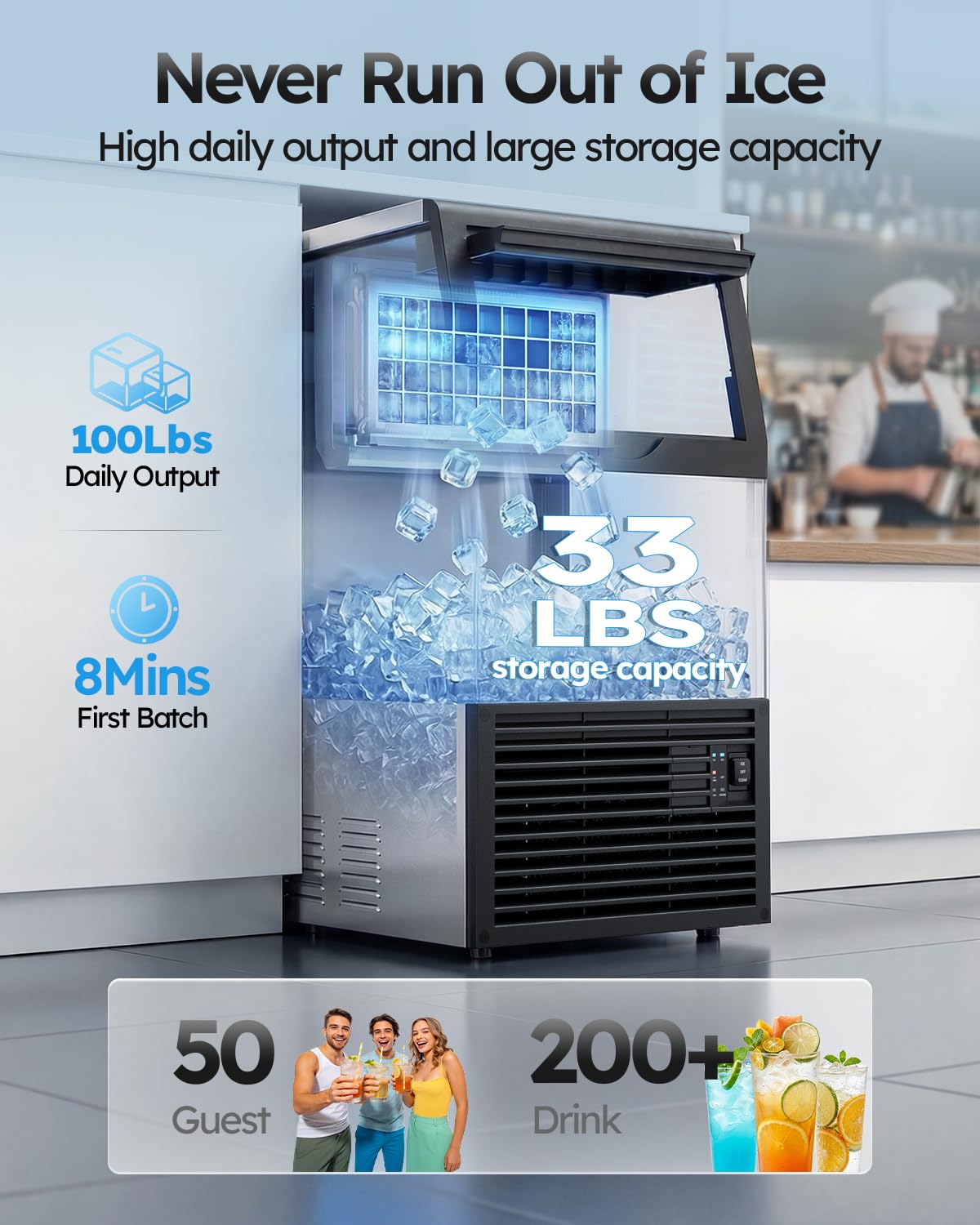 Mojgar Commercial Ice Maker Machine, 100lbs/24H with 33lbs Ice Storage Under Counter Ice Machine, Stainless Steel Built-in Freestanding Ice Maker Self-Cleaning for Home Bar