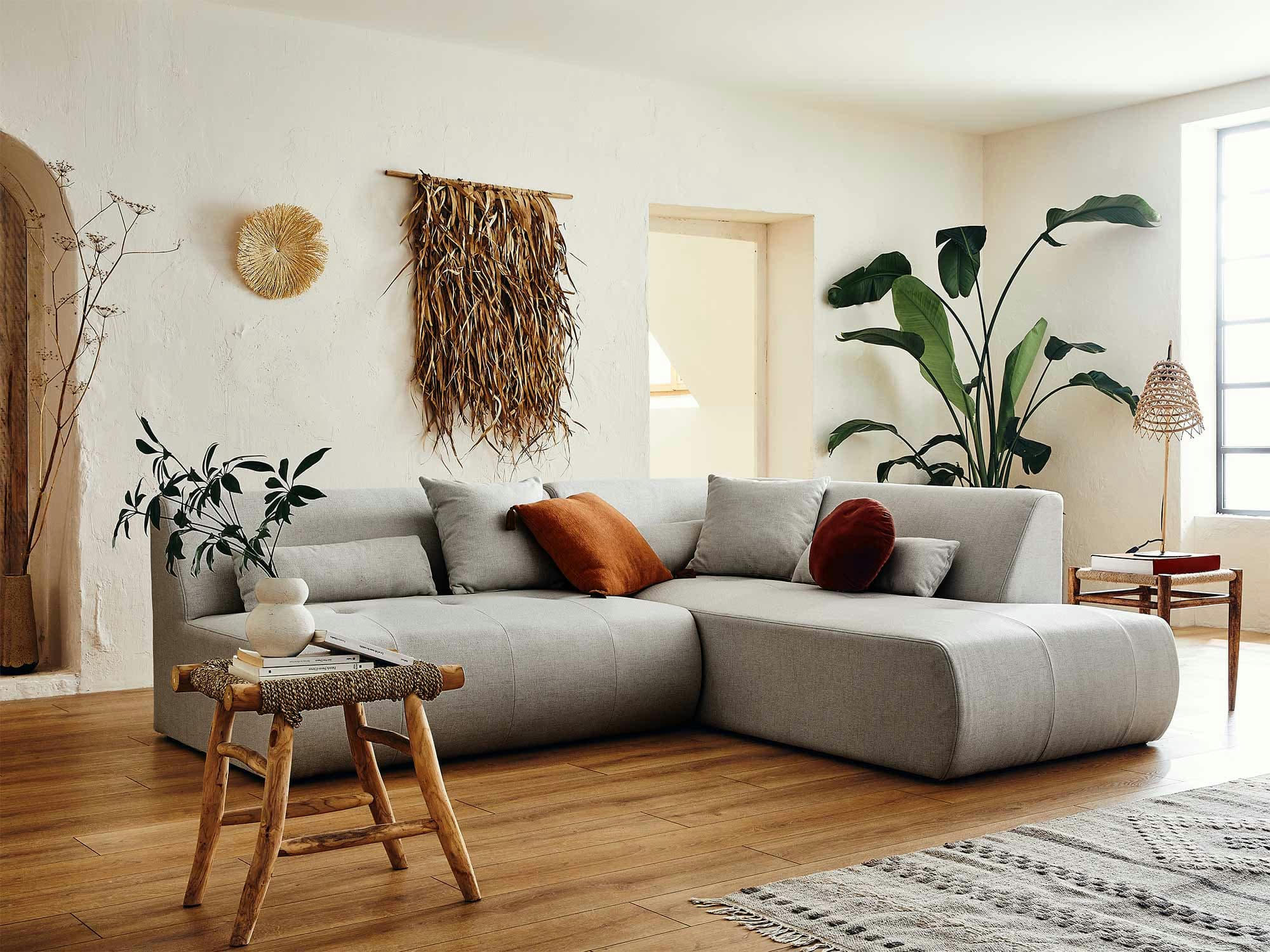 ONYX - Canapé modulable 5 places angle droit en tissu gris clair