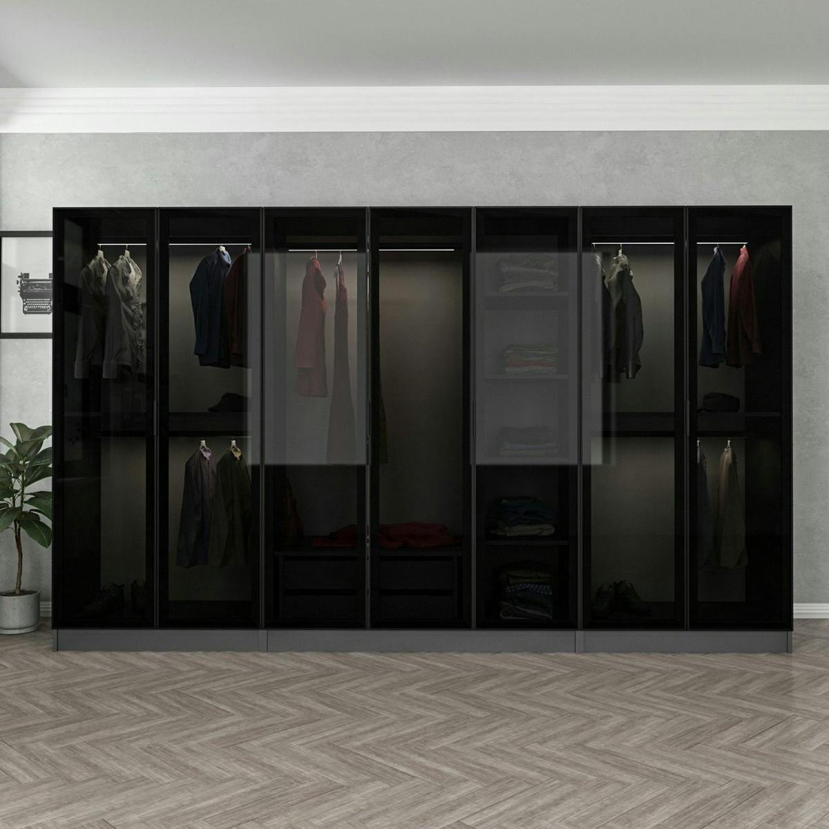 Dressing XXL 5 penderies, anthracite & verre noir 190 cm BYRON
