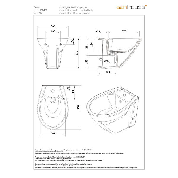 Bidet suspendu céramique traditionnelle SANINDUSA Cetus blanc