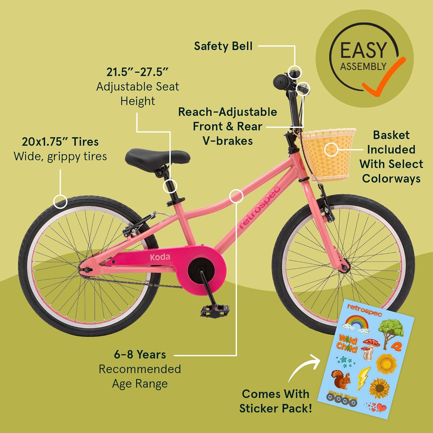 Retrospec Koda Plus Kids Bike for Boys & Girls Ages 6-8 Years - 20 Children's Bicycle, Adjustable Seat & Handlebars
