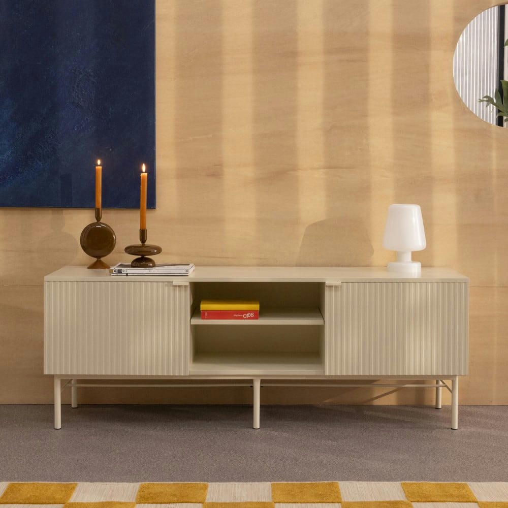 MOLLY - Meuble tv 2 portes, 2 niches en bois et métal L150cm crème