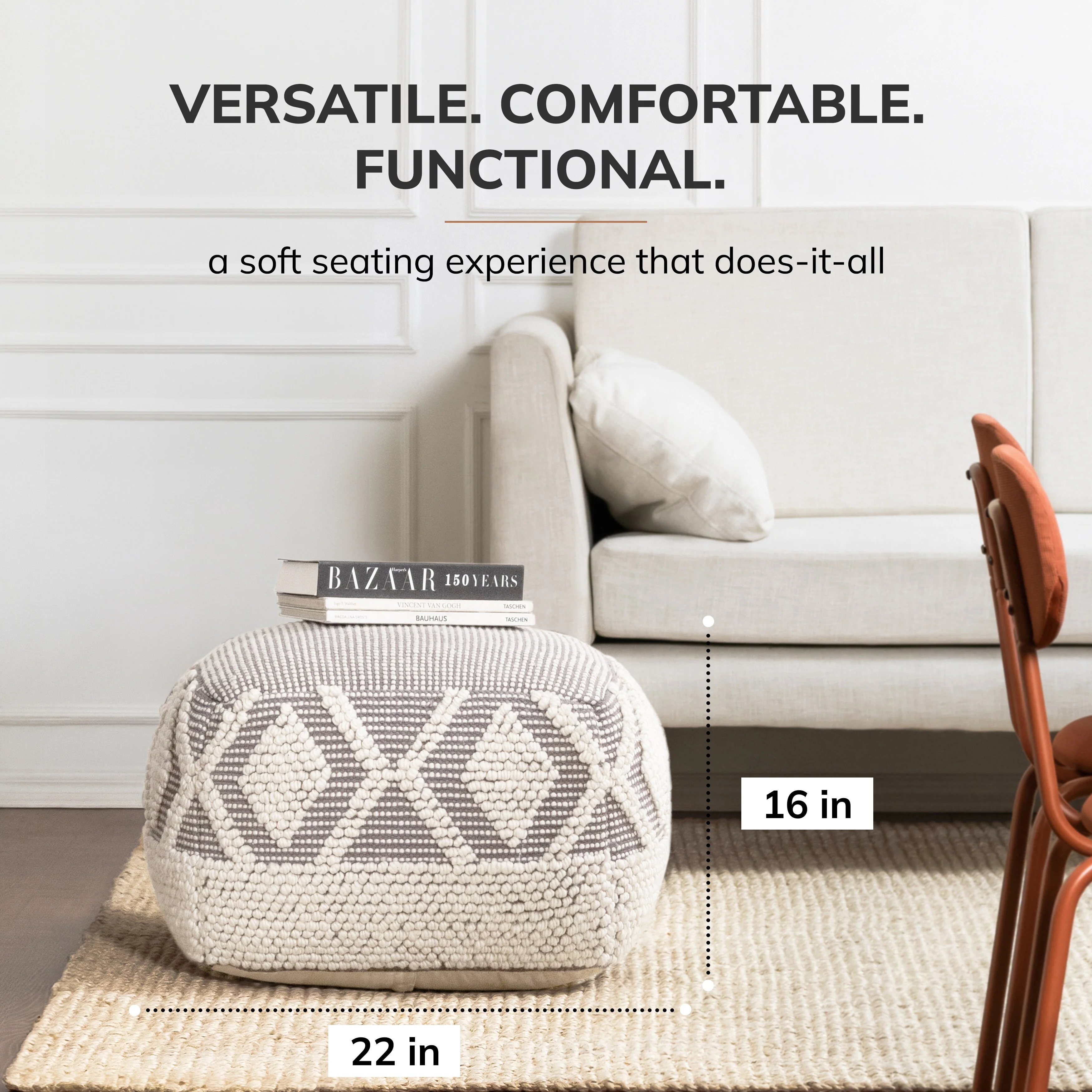 Jani Chippewa 22 x 22 x 16 Gray & Ivory Square Pouf Ottoman - Handmade Footrest for Living Room, Bedroom, Nursery, Kidsroom