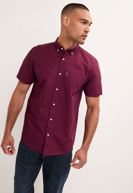 Mens Burgundy Cotton Oxford Short Sleeve Shirt