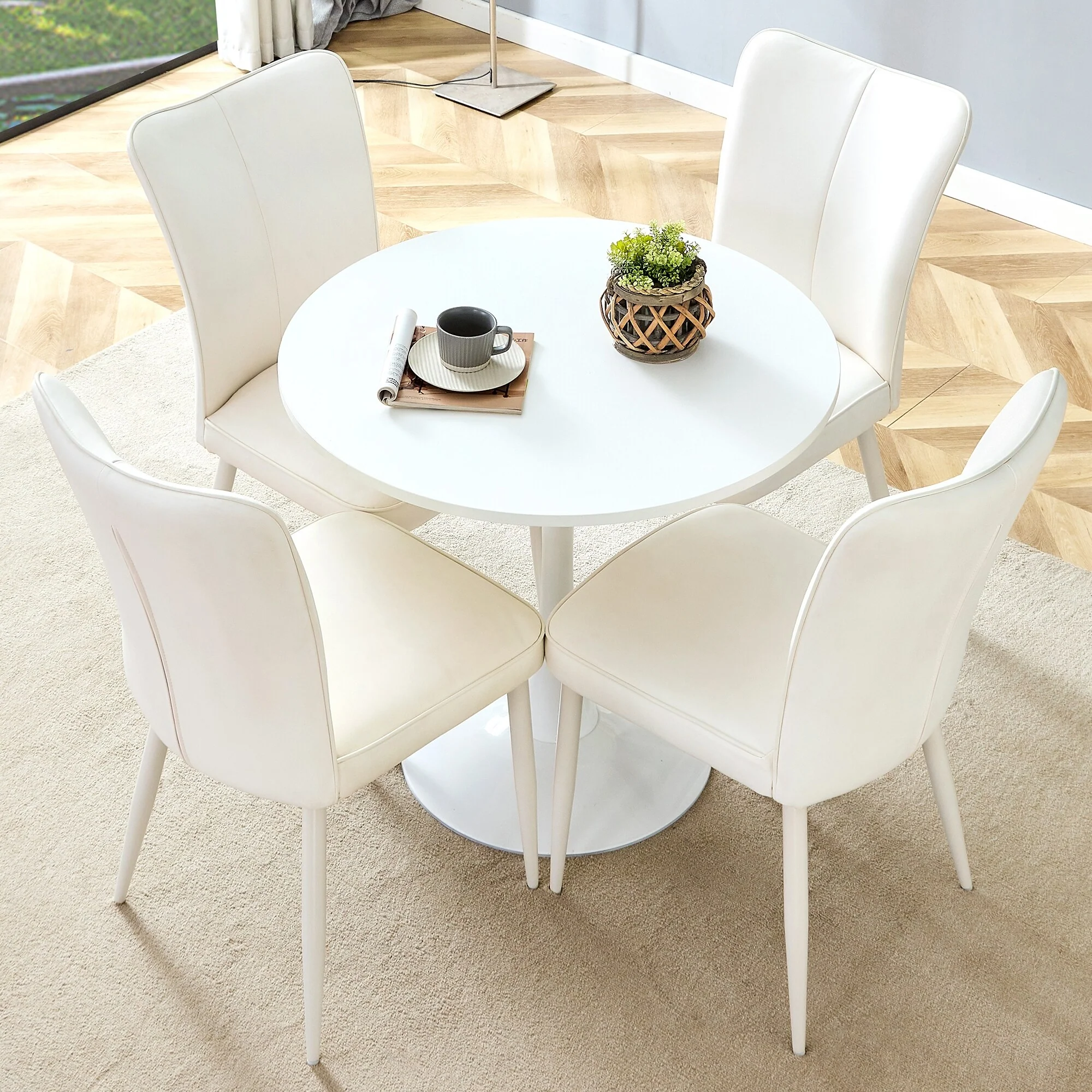 5-Piece Dining Table Set with Circular White Top, Hourglass Metal Legs, PU Cushioned Chairs, Anti-Slip Foot Mats