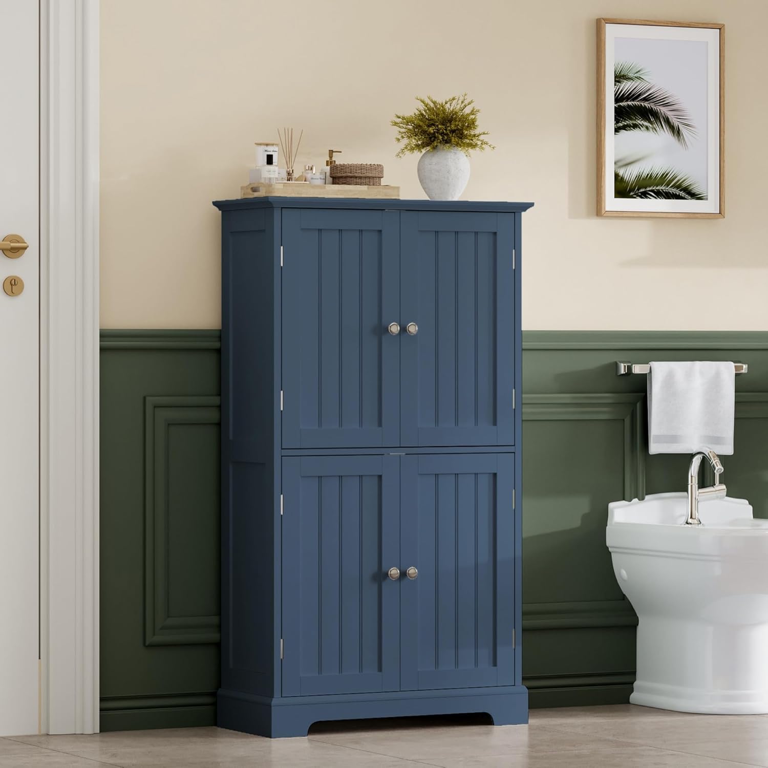 ChooChoo Bathroom Floor Cabinet, Modern Bathroom Storage Cabinet with 4 Doors and Adjustable Shelves, Freestanding Cupboard for Living Room, Blue