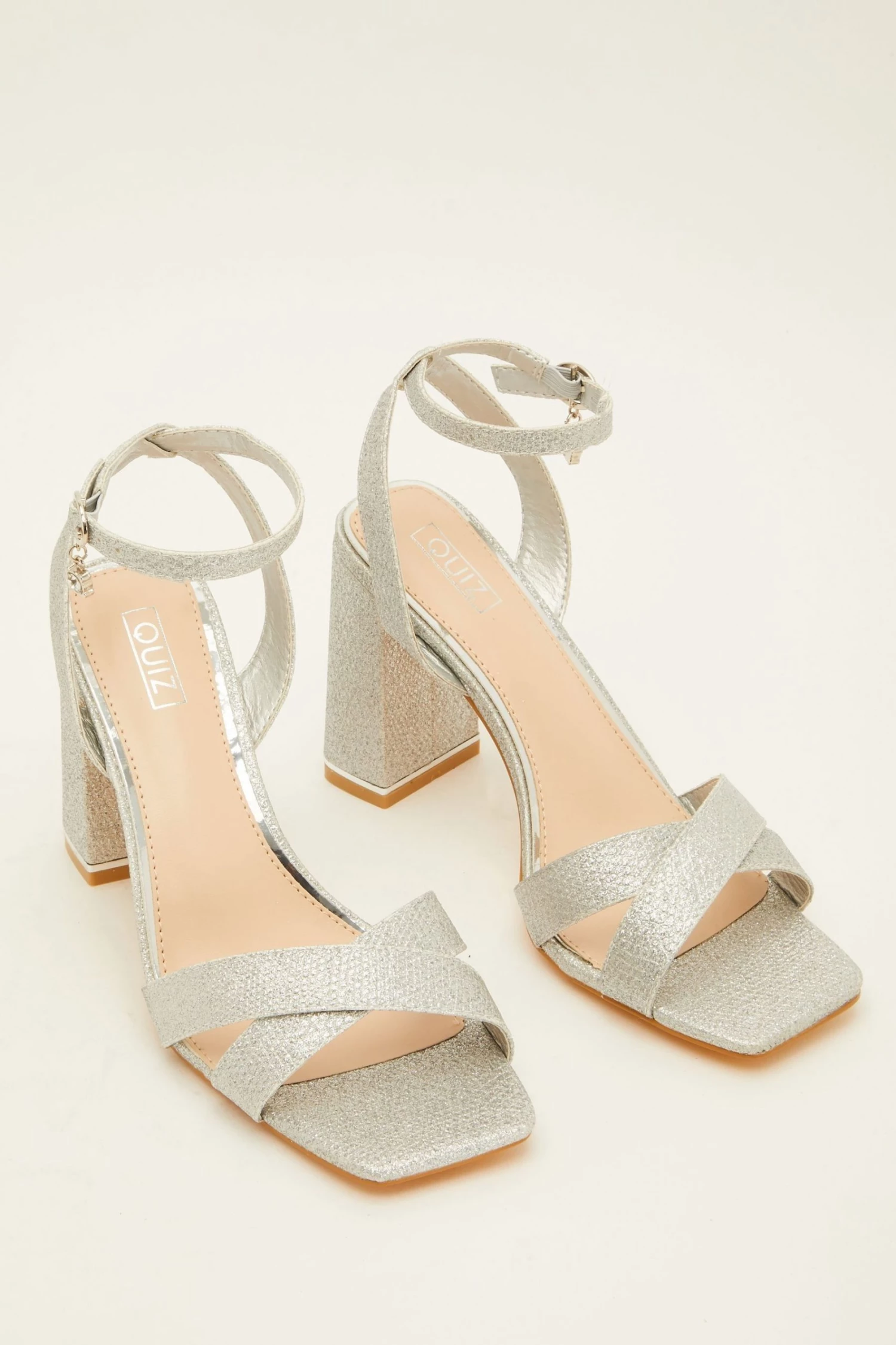 Quiz Silver Shimmer Cross Strap Block Heel Sandal