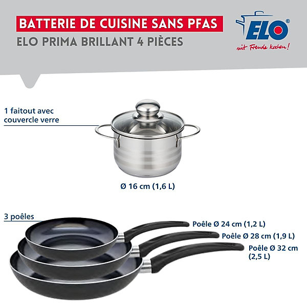 Ensemble de 3 Poêles de cuisson 24, 28 et 32 cm et 1 faitout 16 cm Elo Prima Brillant